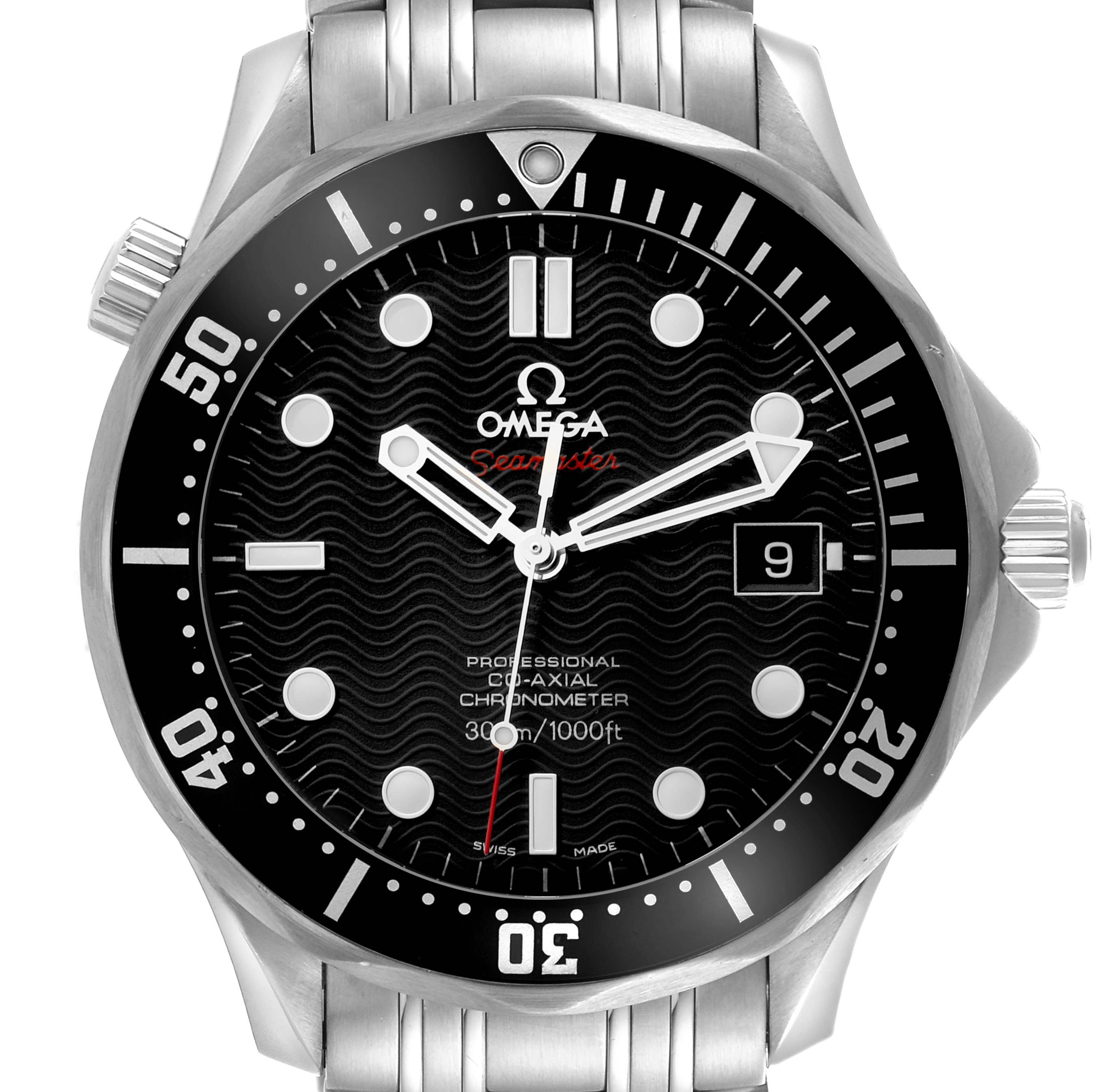The Omega Seamaster 212.30.41.20.01.002 Men's Stainless Steel Black Dial 212.30.41.20.01.002 Men's Stainless Steel Black Dial watch is shown from the front, highlighting the dial, bezel, hands, markers, and date window.