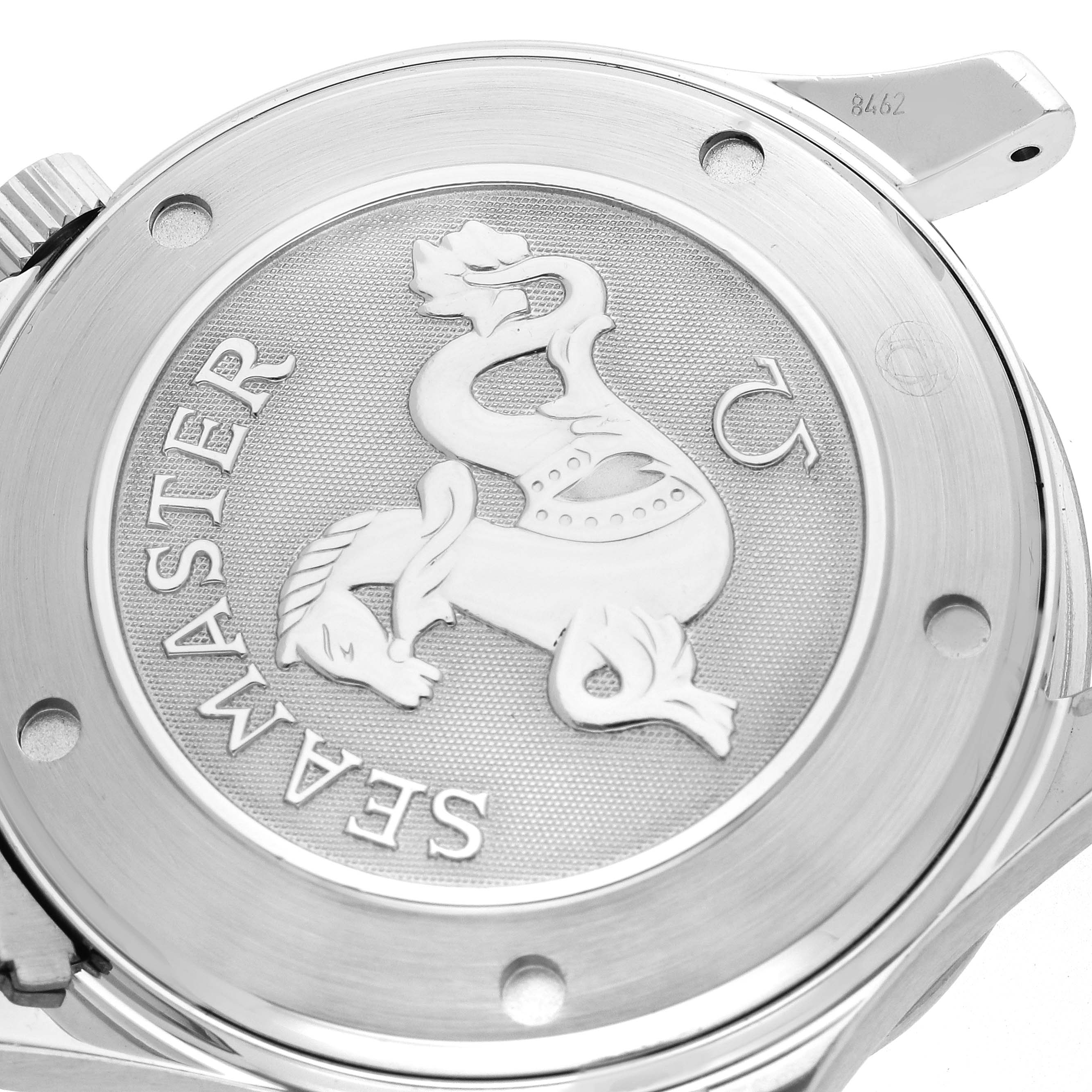 The image shows the case back of an Omega Seamaster 212.30.41.20.01.002 Men's Stainless Steel Black Dial 212.30.41.20.01.002 Men's Stainless Steel Black Dial, featuring the Omega logo and a seahorse motif.