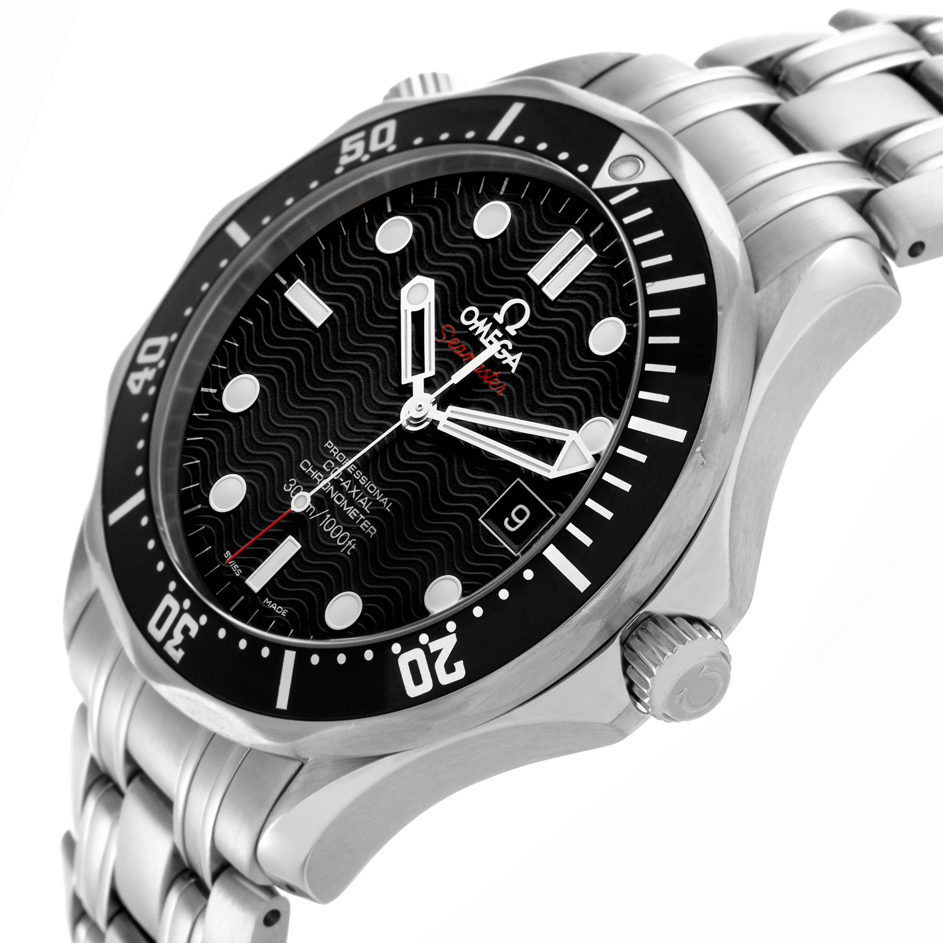 The Omega Seamaster 212.30.41.20.01.002 Men's Stainless Steel Black Dial 212.30.41.20.01.002 Men's Stainless Steel Black Dial watch is angled to show the face, bezel, crown, and part of the bracelet.