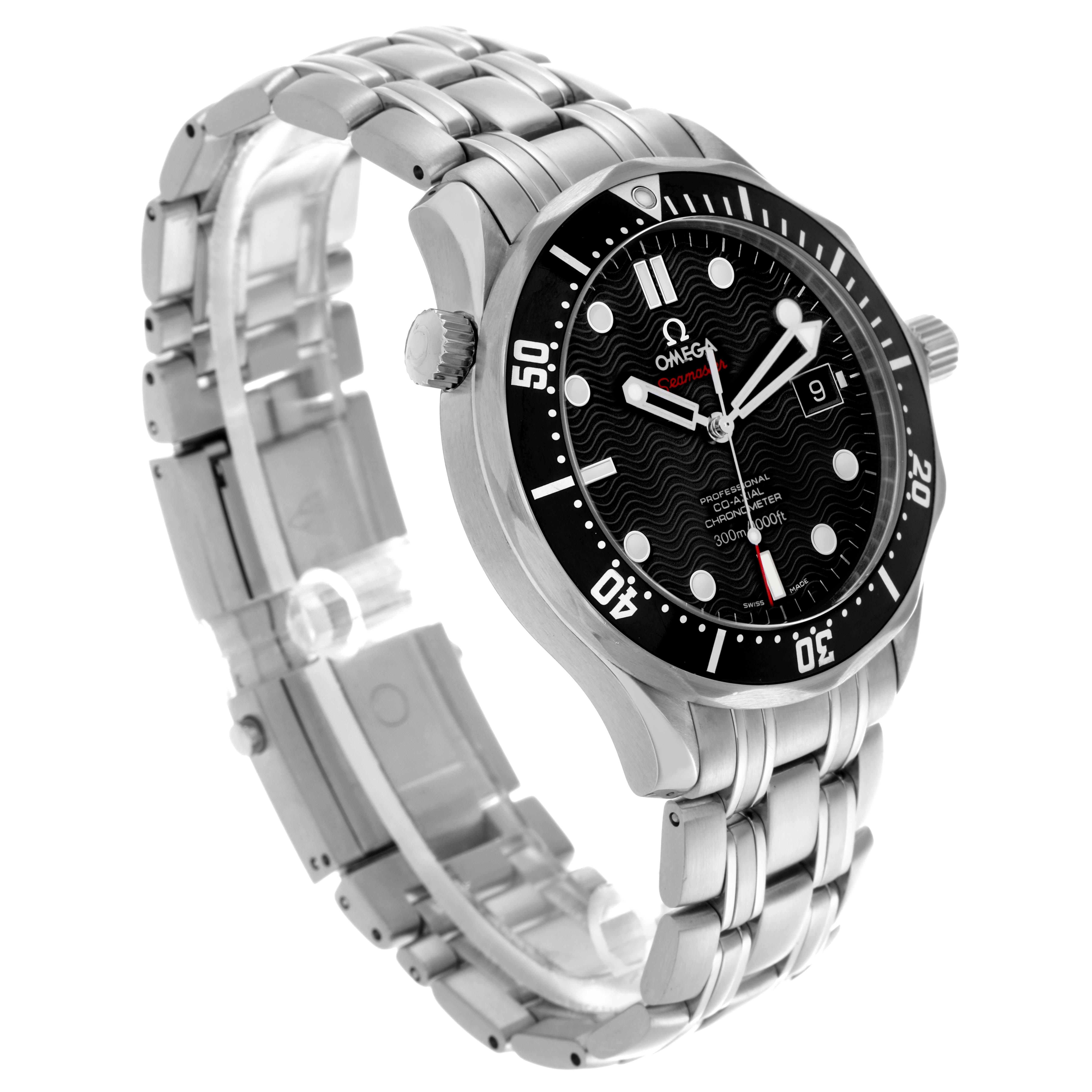 The Omega Seamaster 212.30.41.20.01.002 Men's Stainless Steel Black Dial 212.30.41.20.01.002 Men's Stainless Steel Black Dial watch is shown at a three-quarter angle, displaying the face, bezel, crown, and bracelet.