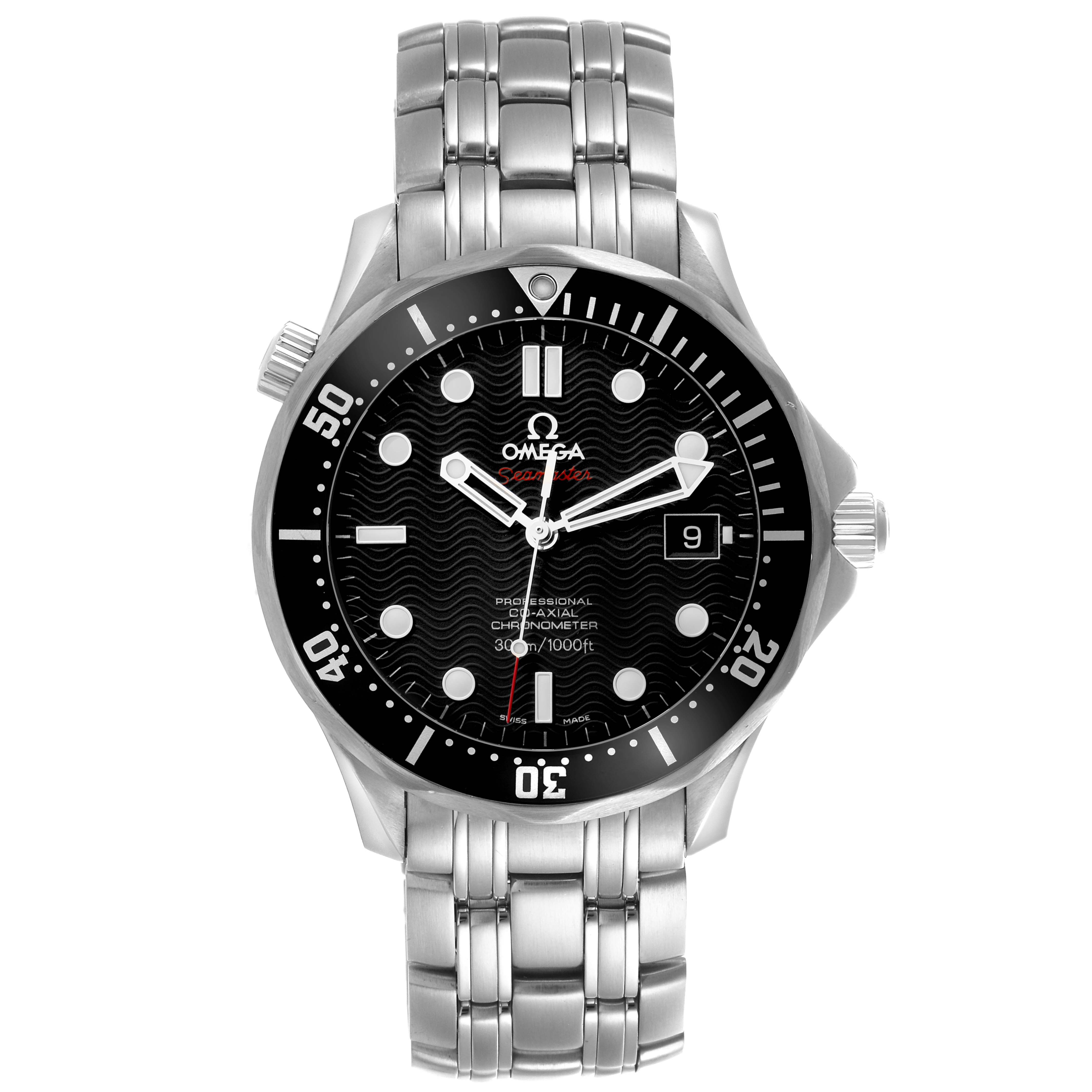 The Omega Seamaster 212.30.41.20.01.002 Men's Stainless Steel Black Dial 212.30.41.20.01.002 Men's Stainless Steel Black Dial watch is shown from the front, displaying the dial, bezel, crown, and stainless steel bracelet.