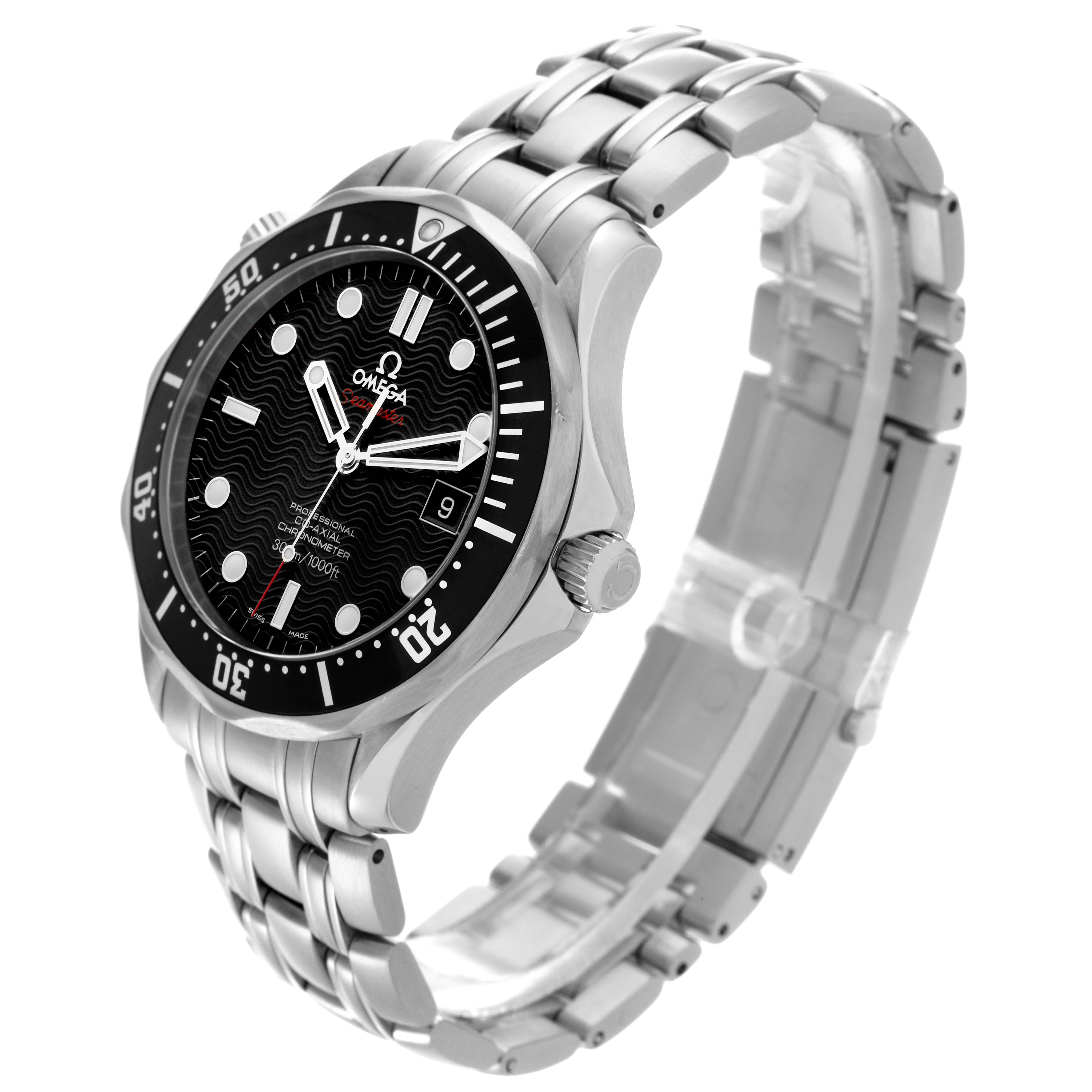 The Omega Seamaster 212.30.41.20.01.002 Men's Stainless Steel Black Dial 212.30.41.20.01.002 Men's Stainless Steel Black Dial watch is shown at a three-quarter angle, highlighting the face, bezel, crown, and bracelet.