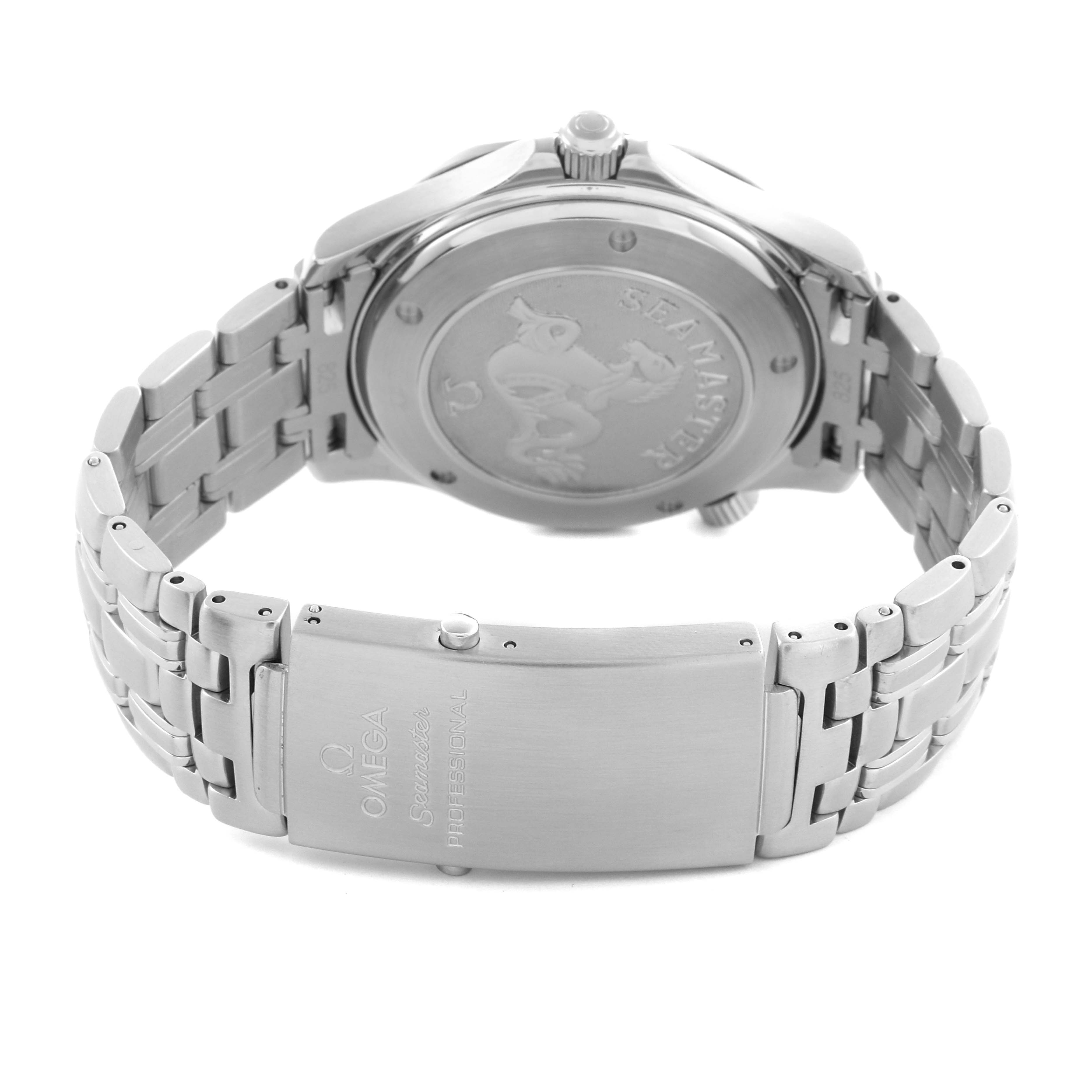 The Omega Seamaster 212.30.41.20.01.002 Men's Stainless Steel Black Dial 212.30.41.20.01.002 Men's Stainless Steel Black Dial is shown from the back, highlighting the case back and bracelet clasp.