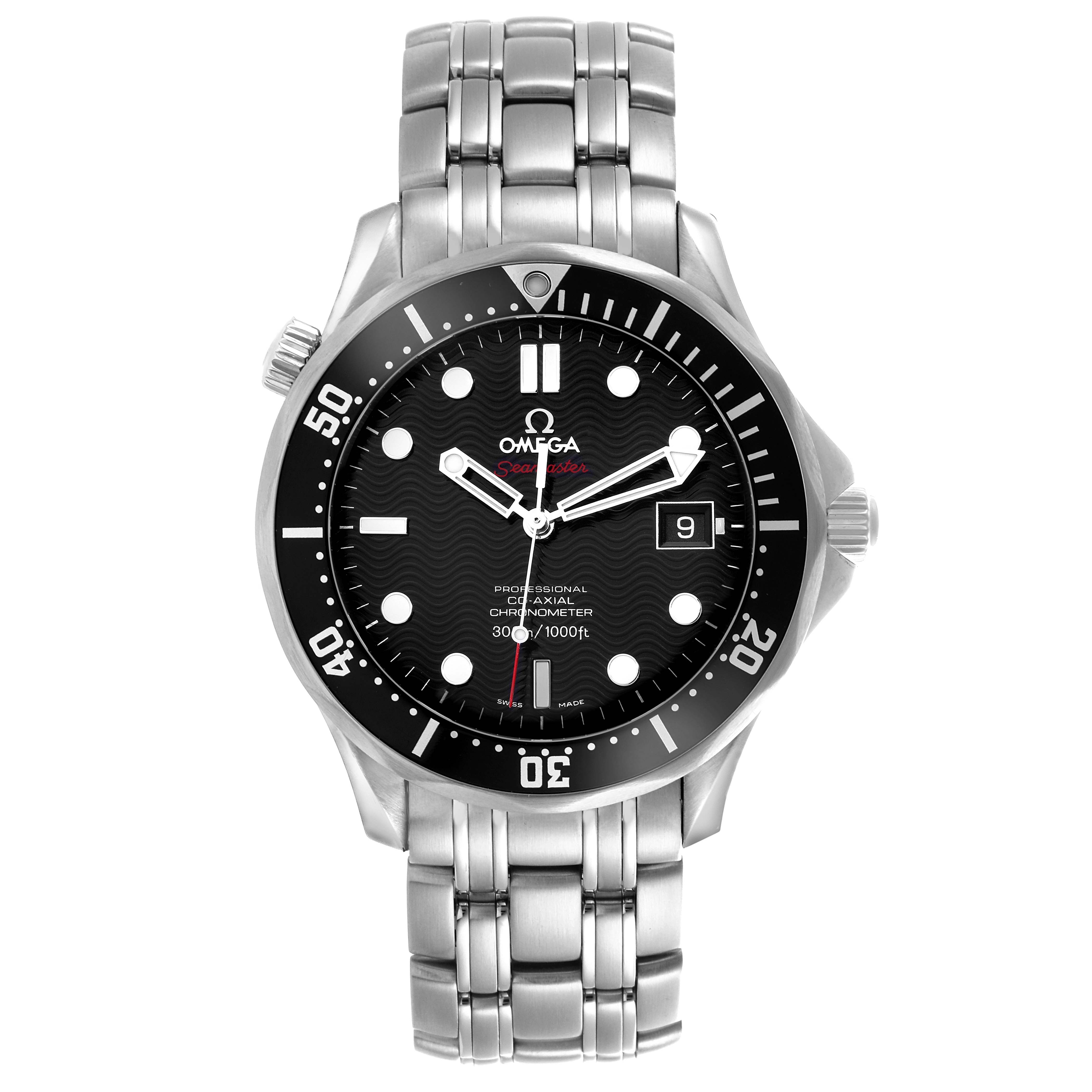 The Omega Seamaster 212.30.41.20.01.002 Men's Stainless Steel Black Dial 212.30.41.20.01.002 Men's Stainless Steel Black Dial watch is shown from a front view, displaying the dial, bezel, crown, and bracelet.