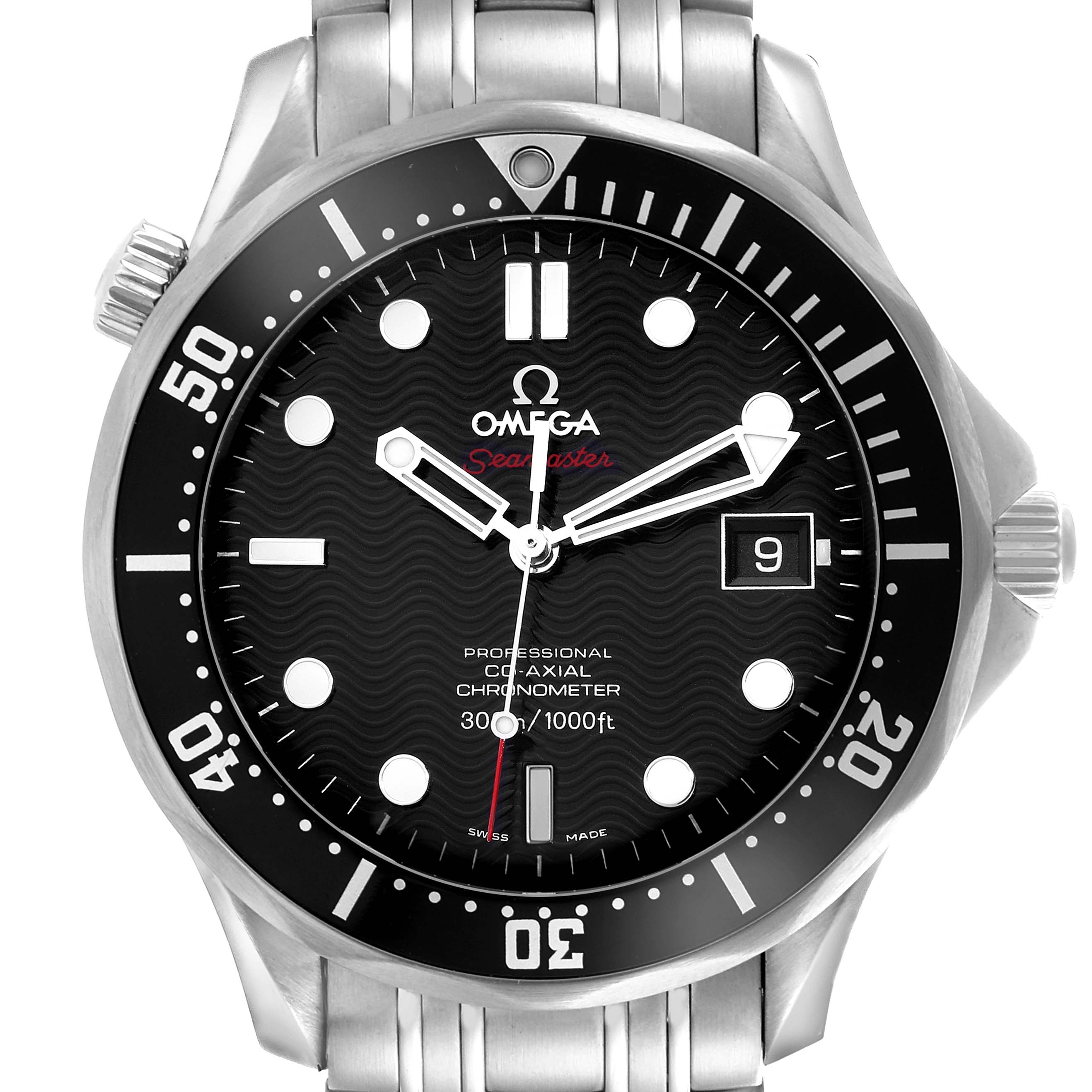 The Omega Seamaster 212.30.41.20.01.002 Men's Stainless Steel Black Dial 212.30.41.20.01.002 Men's Stainless Steel Black Dial watch is shown from a front angle, highlighting the bezel, dial, hands, and part of the bracelet.
