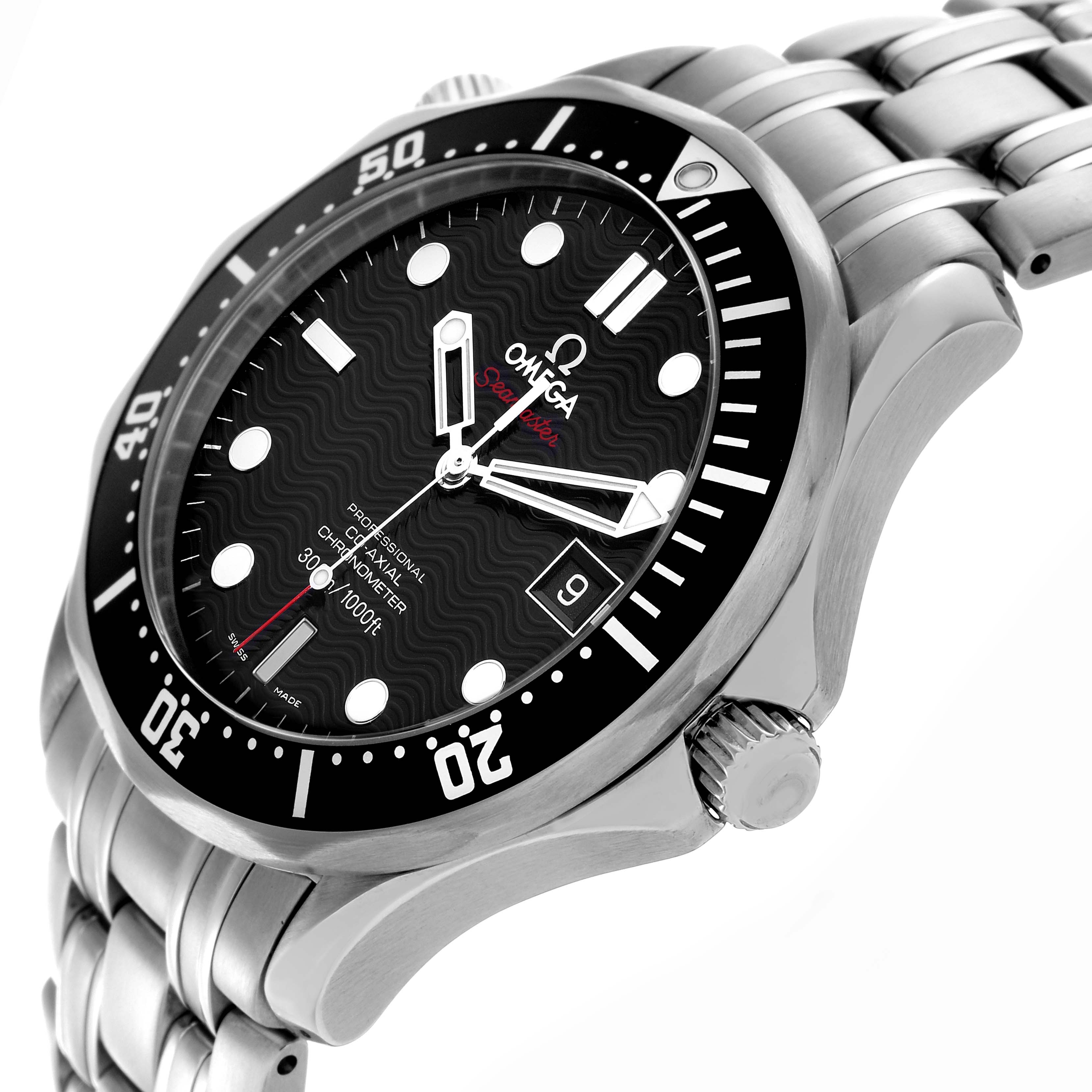 The Omega Seamaster 212.30.41.20.01.002 Men's Stainless Steel Black Dial 212.30.41.20.01.002 Men's Stainless Steel Black Dial watch is shown at a slight angle, highlighting the face, bezel, crown, and bracelet.