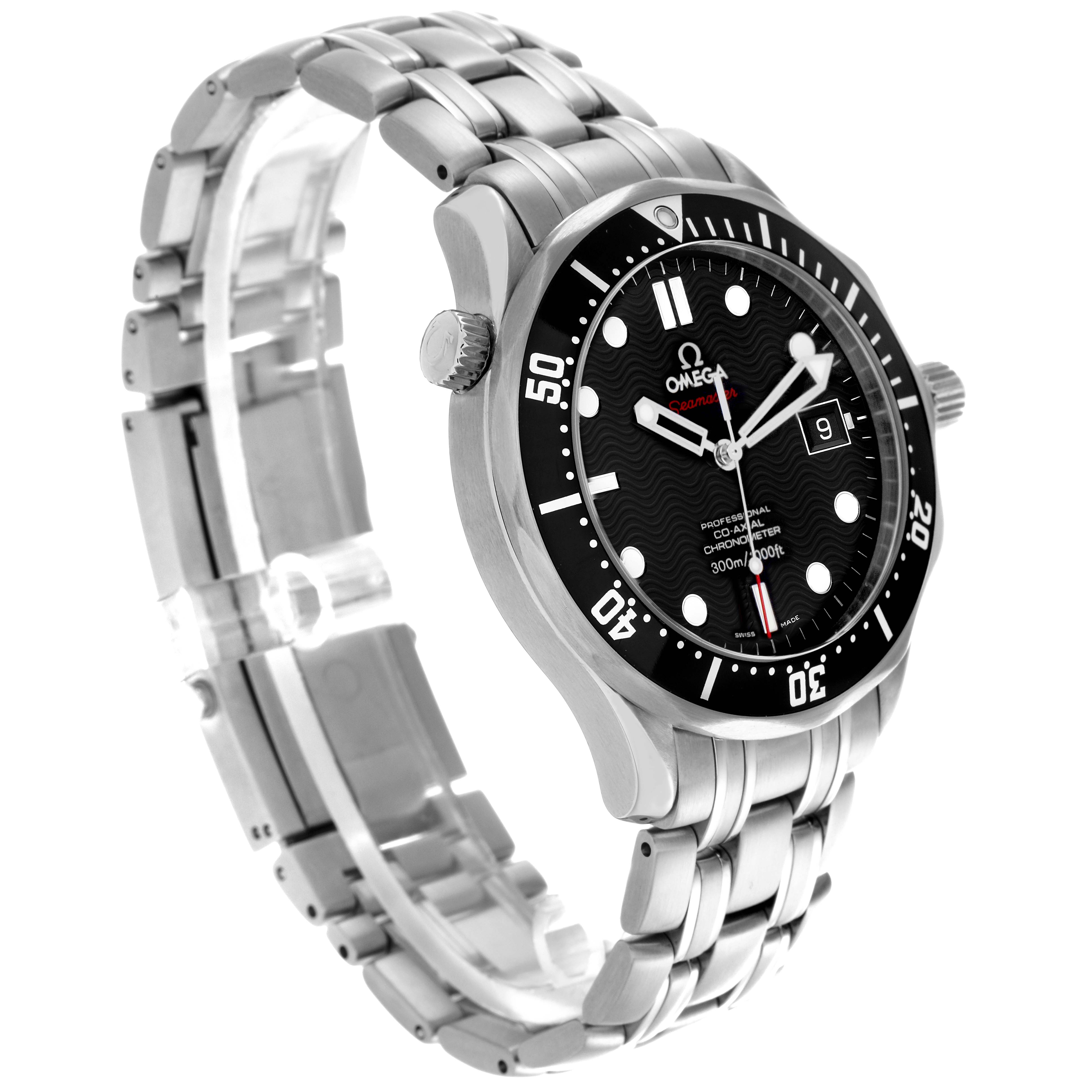 The Omega Seamaster 212.30.41.20.01.002 Men's Stainless Steel Black Dial 212.30.41.20.01.002 Men's Stainless Steel Black Dial is shown at a three-quarter angle, highlighting the dial, bezel, crown, and bracelet.