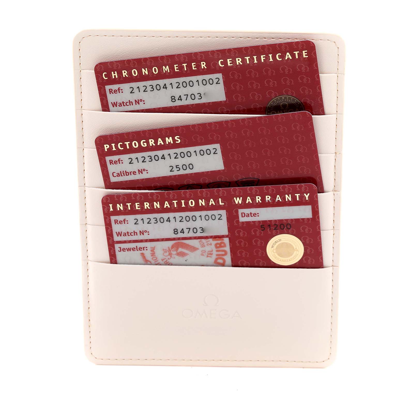 The image shows a straight-on view of Omega Seamaster 212.30.41.20.01.002 Men's Stainless Steel Black Dial 212.30.41.20.01.002 Men's Stainless Steel Black Dial warranty and certificate cards in a white cardholder.