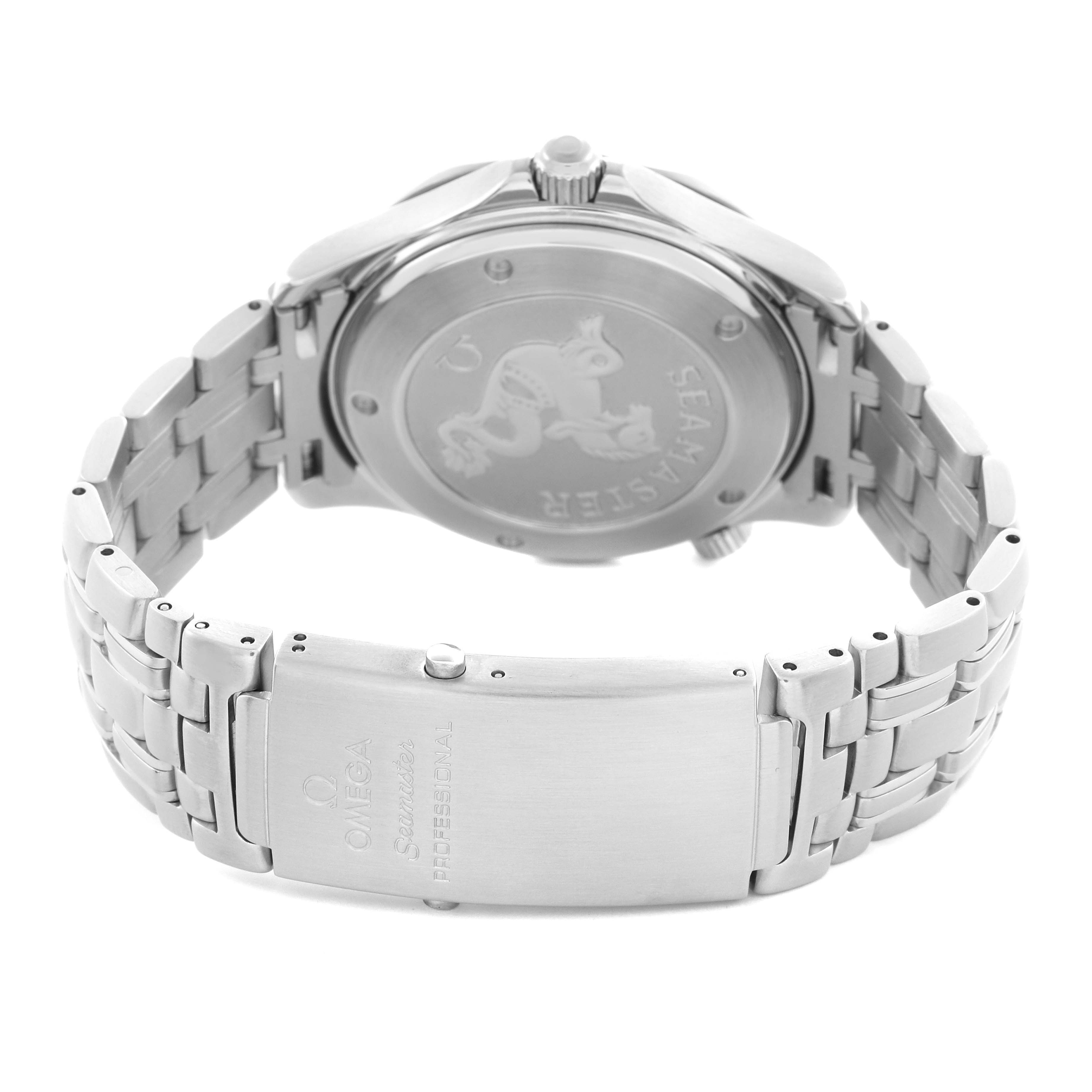 The image shows the back and clasp of an Omega Seamaster 212.30.41.20.01.002 Men's Stainless Steel Black Dial 212.30.41.20.01.002 Men's Stainless Steel Black Dial watch, highlighting the bracelet and engraved case back.