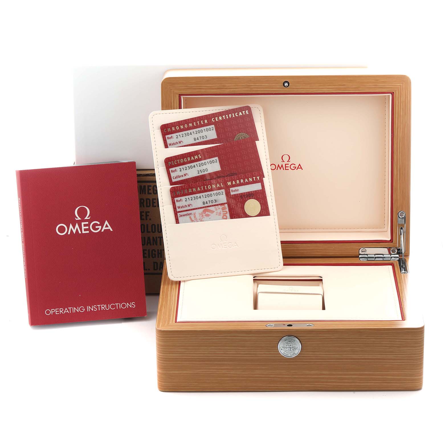 The image shows the Omega Seamaster 212.30.41.20.01.002 Men's Stainless Steel Black Dial 212.30.41.20.01.002 Men's Stainless Steel Black Dial's box, warranty cards, and operating instructions.