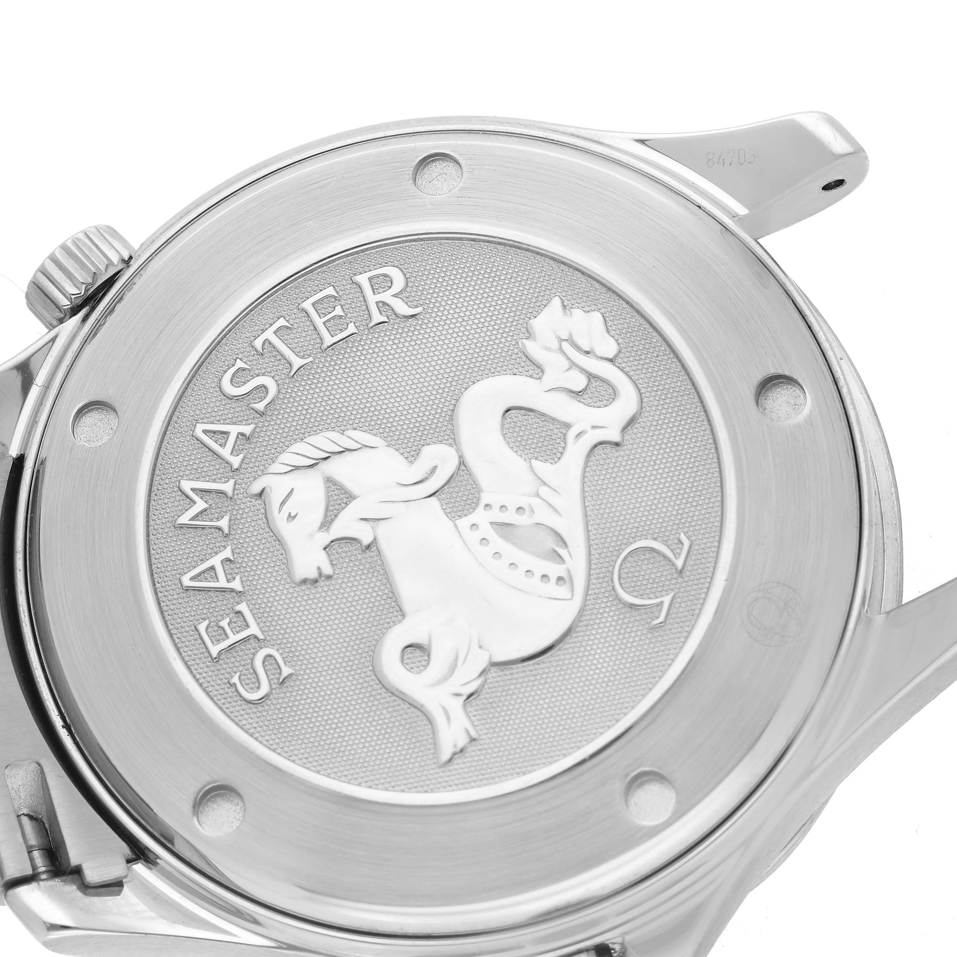 The image shows the back of the Omega Seamaster 212.30.41.20.01.002 Men's Stainless Steel Black Dial 212.30.41.20.01.002 Men's Stainless Steel Black Dial watch, featuring an engraved seahorse emblem and the word "Seamaster."