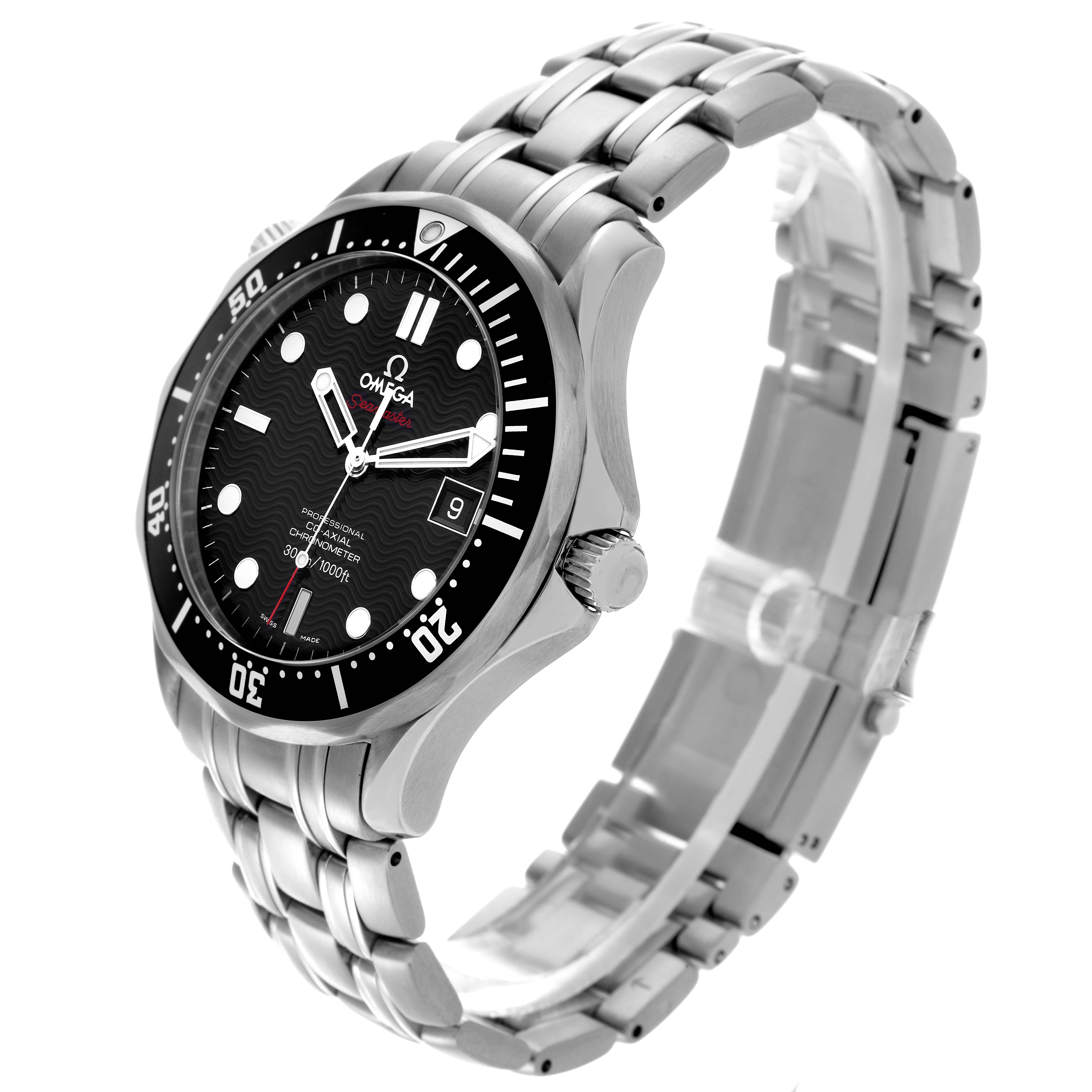 The Omega Seamaster 212.30.41.20.01.002 Men's Stainless Steel Black Dial 212.30.41.20.01.002 Men's Stainless Steel Black Dial watch is shown from a three-quarter angle, highlighting the face, bezel, crown, and stainless steel bracelet.
