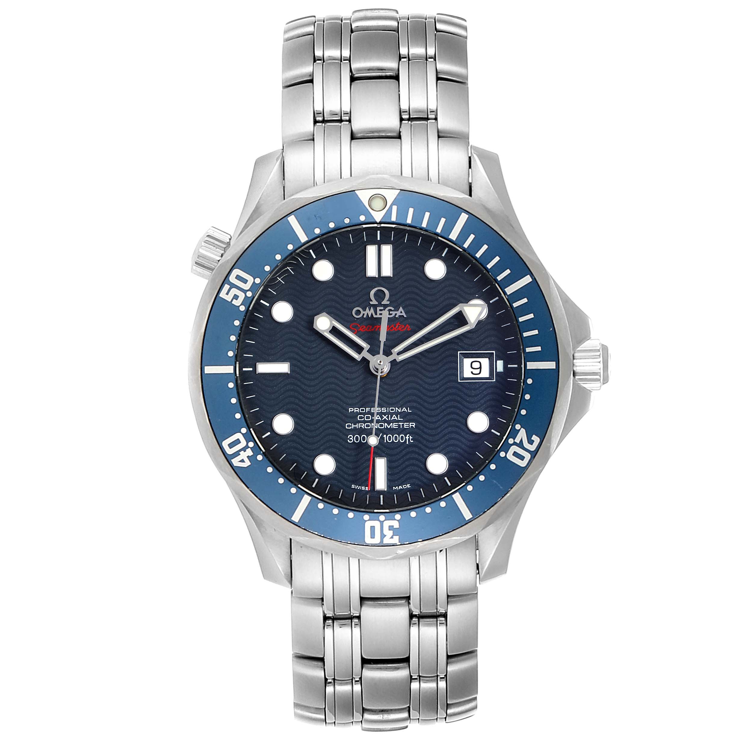 The image shows a front view of the Omega Seamaster 2220.80.00 Men
s Stainless Steel Blue Dial 2220.80.00 Men
s Stainless Steel Blue Dial watch, displaying its face, bezel, bracelet, and crown.