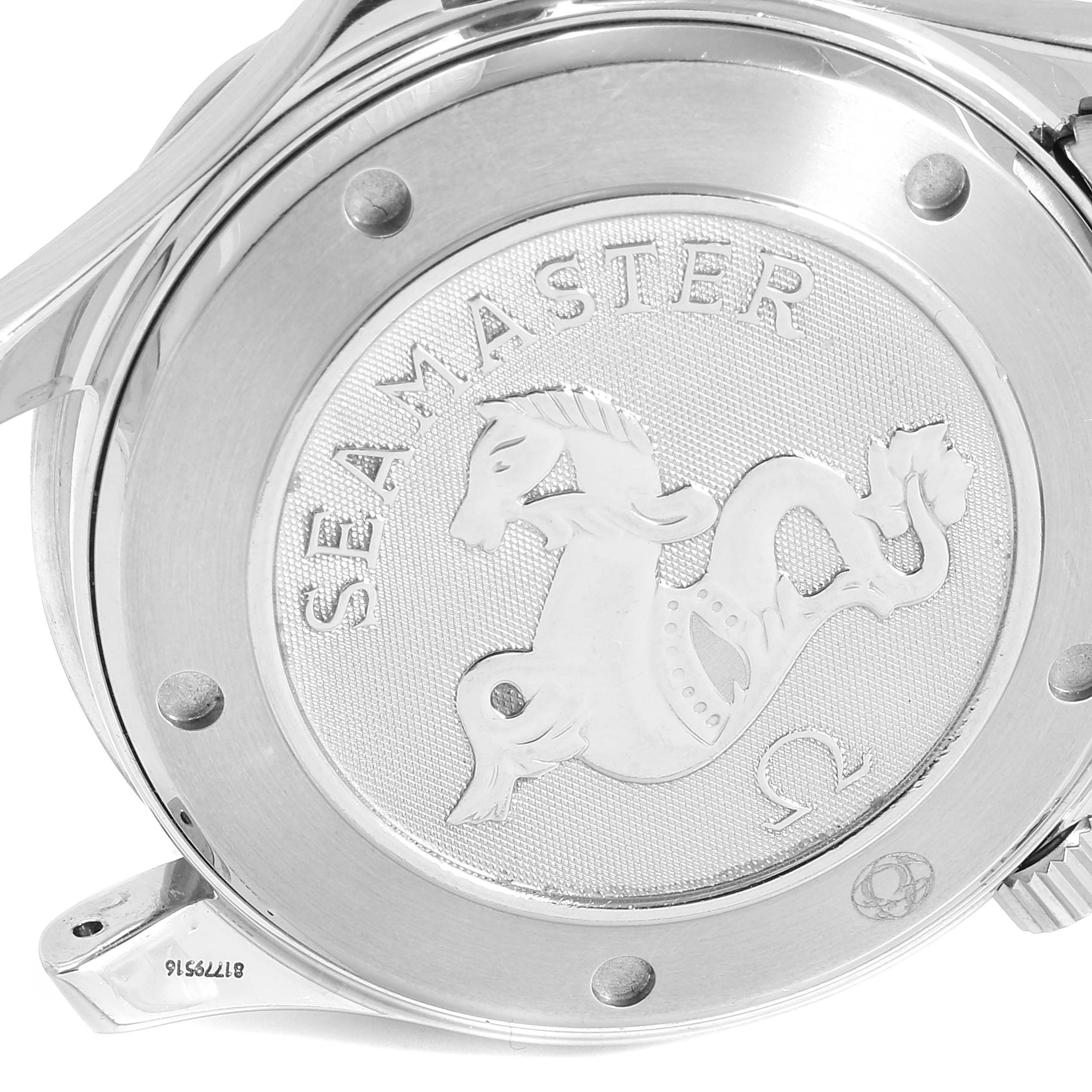 The image shows the case back of an Omega Seamaster 2220.80.00 Men
s Stainless Steel Blue Dial 2220.80.00 Men
s Stainless Steel Blue Dial watch, featuring the embossed seahorse logo and model name.