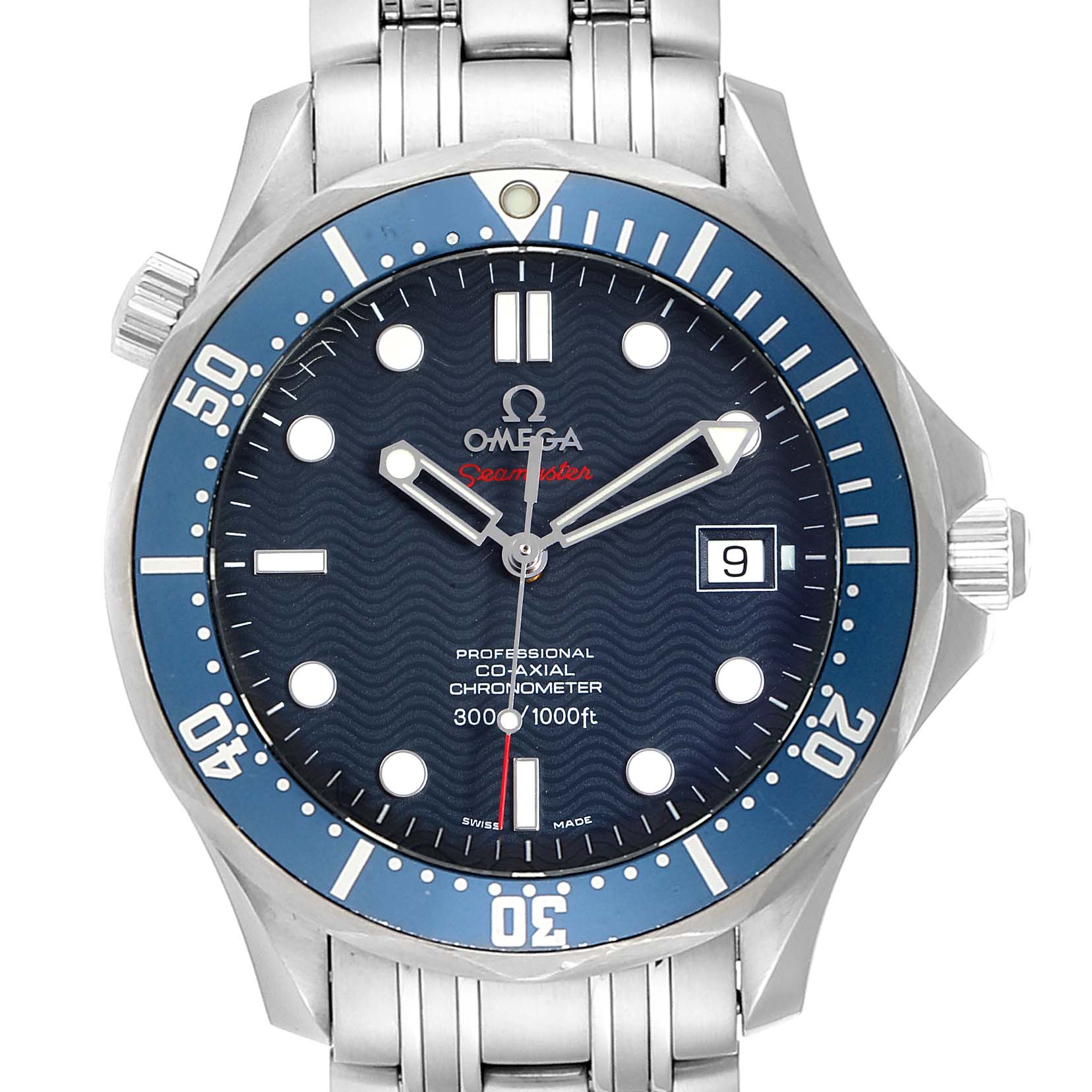 This image shows a front view of the Omega Seamaster 2220.80.00 Men
s Stainless Steel Blue Dial 2220.80.00 Men
s Stainless Steel Blue Dial watch, displaying its blue dial, bezel, and stainless steel bracelet.