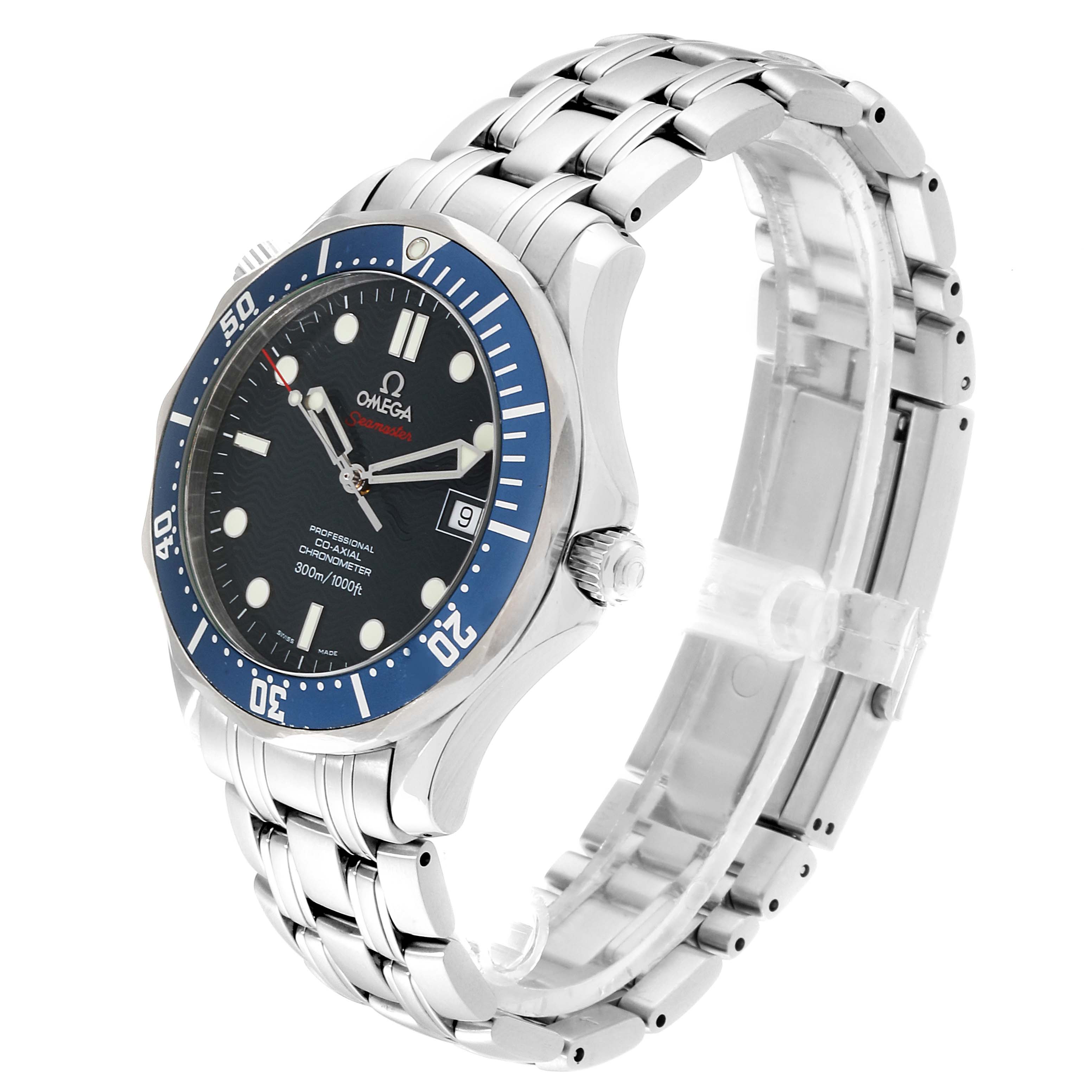 The Omega Seamaster 2220.80.00 Men
s Stainless Steel Blue Dial 2220.80.00 Men
s Stainless Steel Blue Dial watch is shown at a 45-degree angle, highlighting the face, bezel, crown, and stainless steel bracelet.