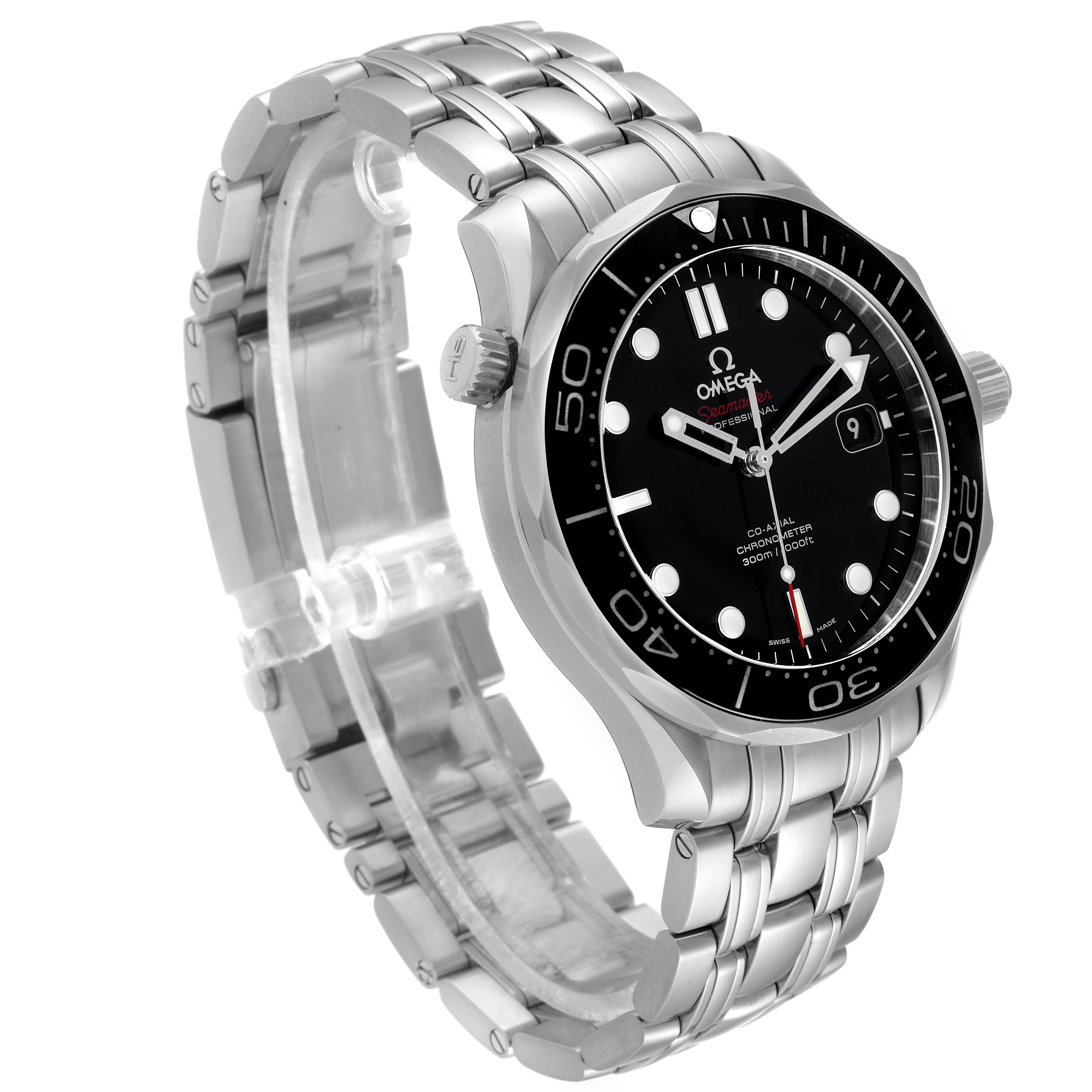 The Omega Seamaster 212.30.41.20.01.003 Men's Stainless Steel Black Dial 212.30.41.20.01.003 Men's Stainless Steel Black Dial watch is shown at an angled side view, highlighting its bezel, dial, crown, and bracelet.