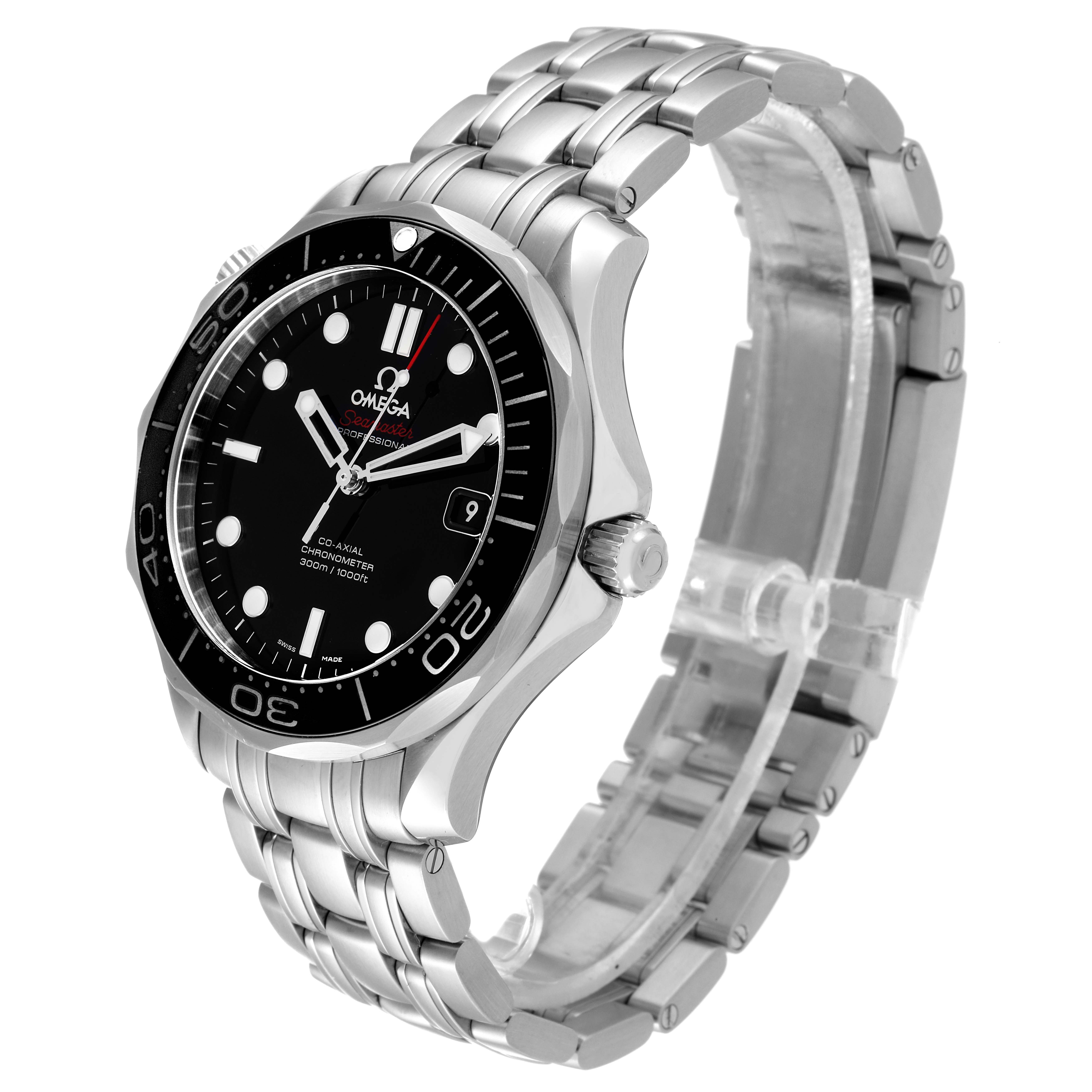 The Omega Seamaster 212.30.41.20.01.003 Men's Stainless Steel Black Dial 212.30.41.20.01.003 Men's Stainless Steel Black Dial watch is shown at a slight angle, displaying its face, bezel, crown, and stainless steel bracelet.