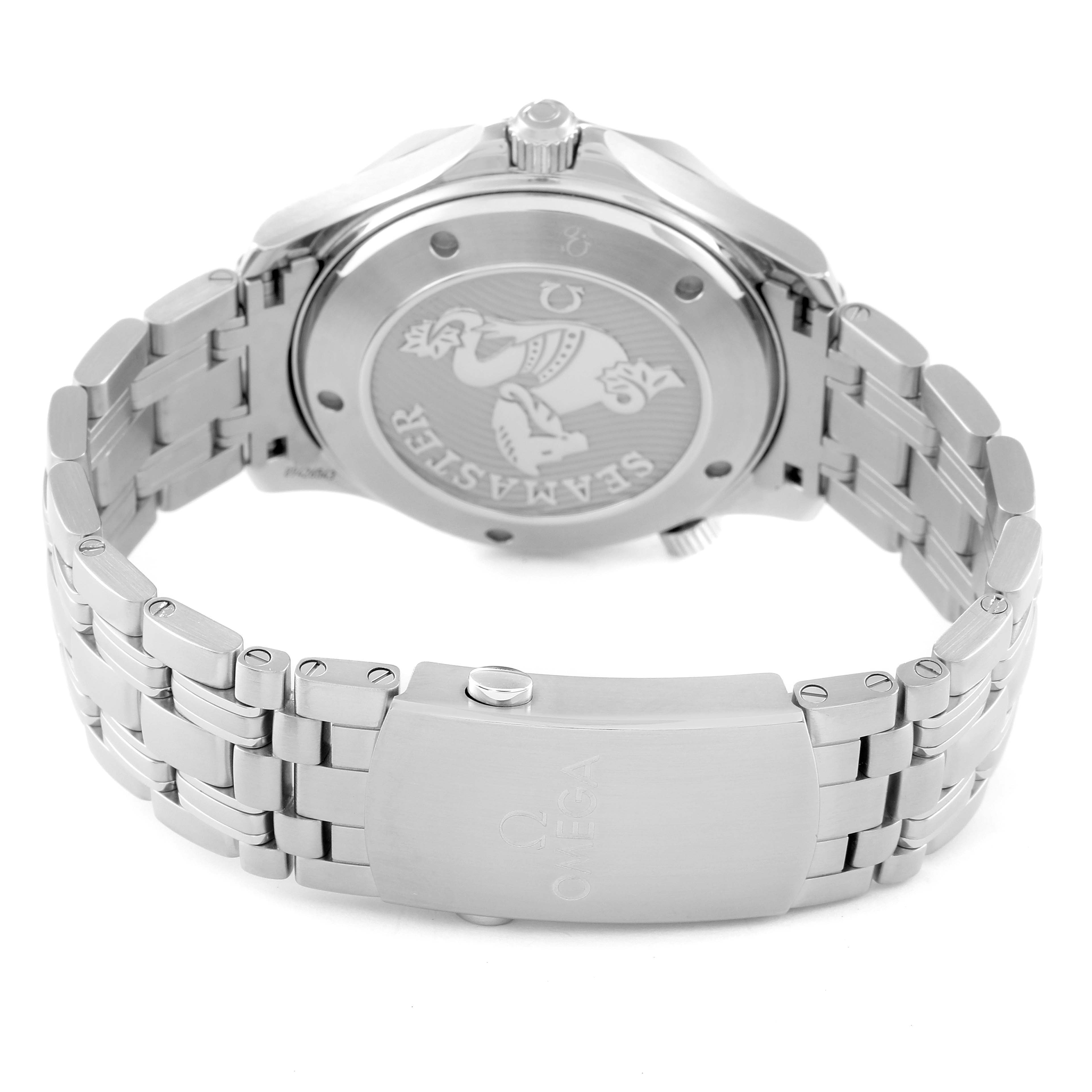 The image shows the rear view of an Omega Seamaster 212.30.41.20.01.003 Men's Stainless Steel Black Dial 212.30.41.20.01.003 Men's Stainless Steel Black Dial watch, highlighting the case back and metal bracelet.