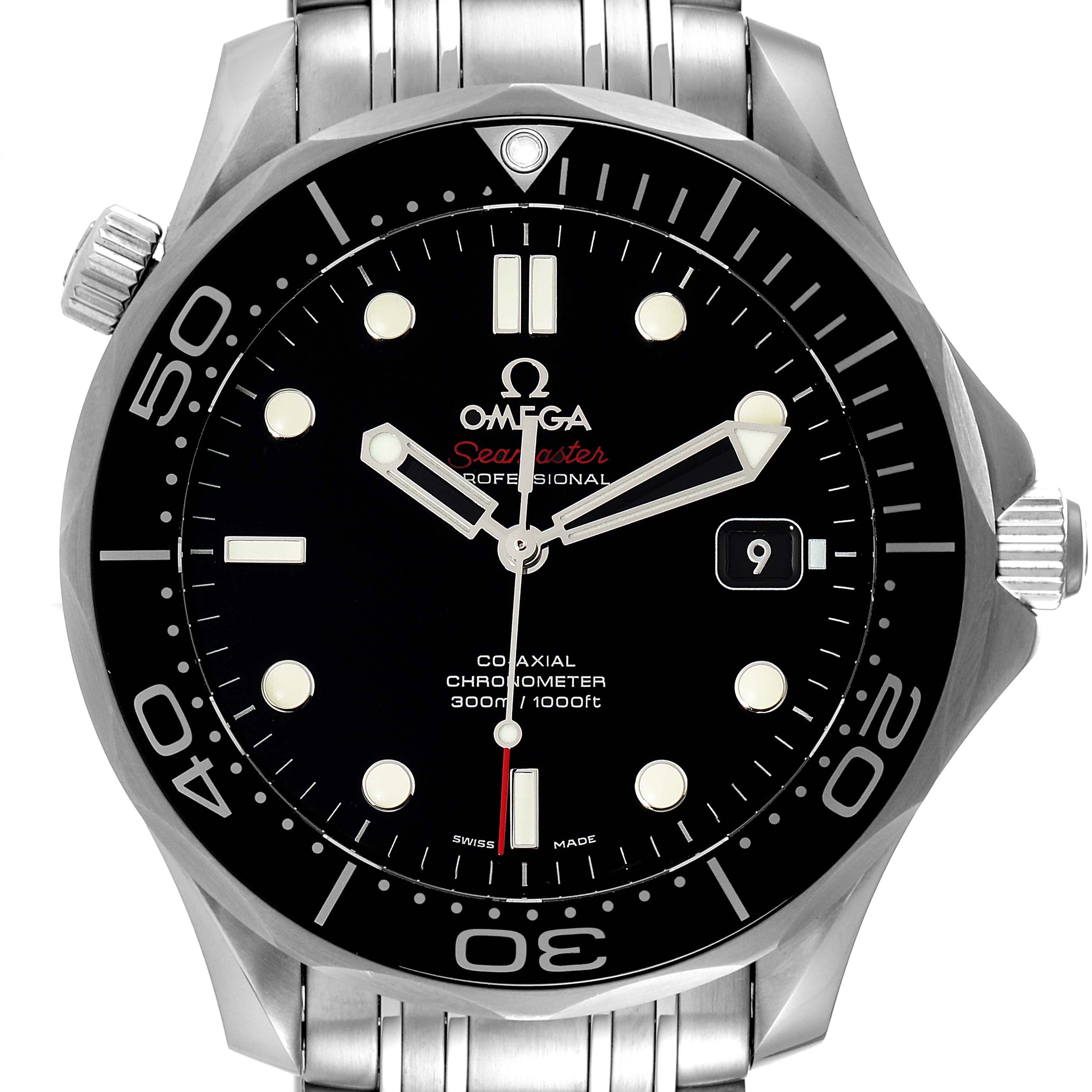 This image shows a front view of the Omega Seamaster 212.30.41.20.01.003 Men's Stainless Steel Black Dial 212.30.41.20.01.003 Men's Stainless Steel Black Dial watch, displaying its black dial, markers, hands, date window, and bezel.