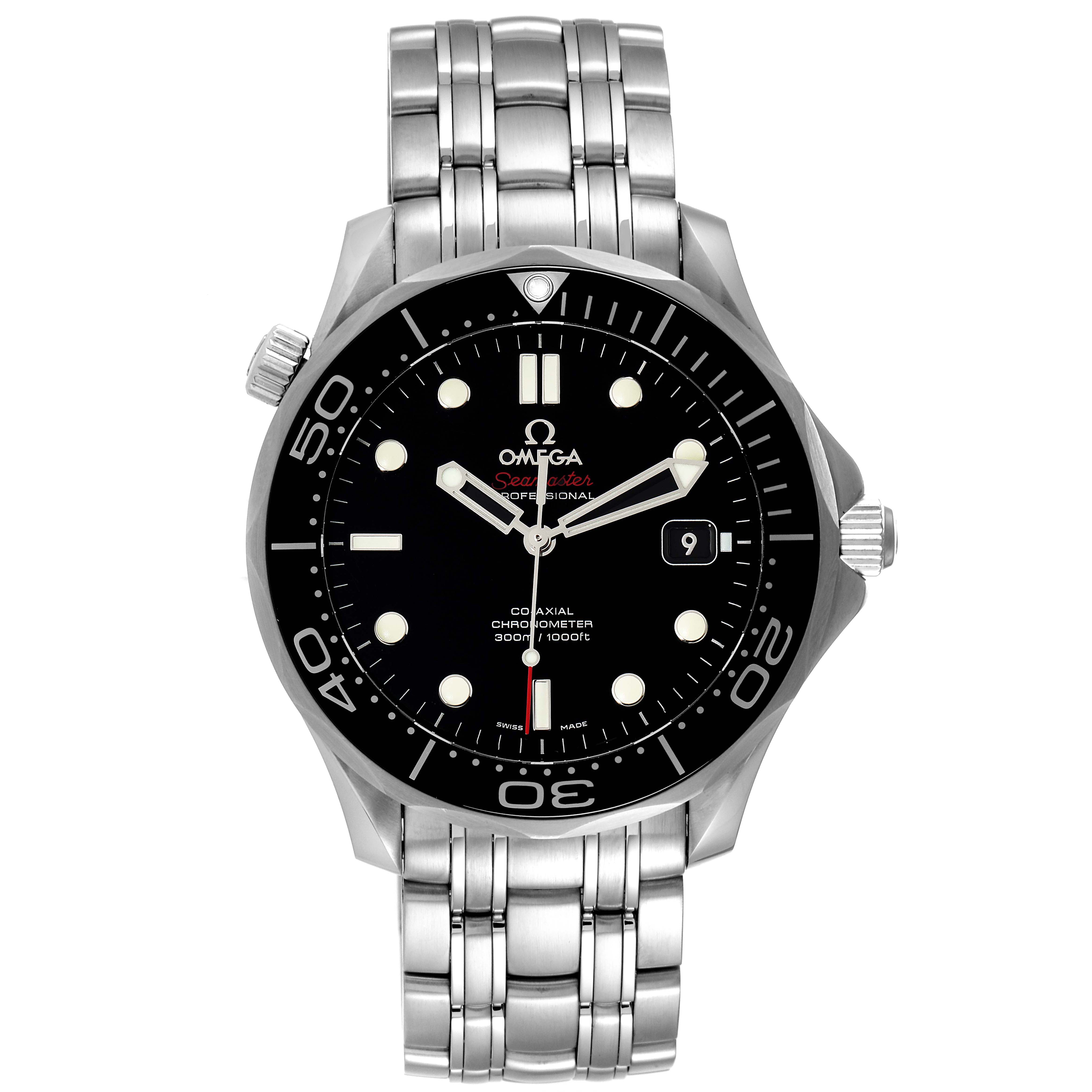 This image shows a frontal view of the Omega Seamaster 212.30.41.20.01.003 Men's Stainless Steel Black Dial 212.30.41.20.01.003 Men's Stainless Steel Black Dial watch, highlighting its face, bezel, crown, and bracelet.