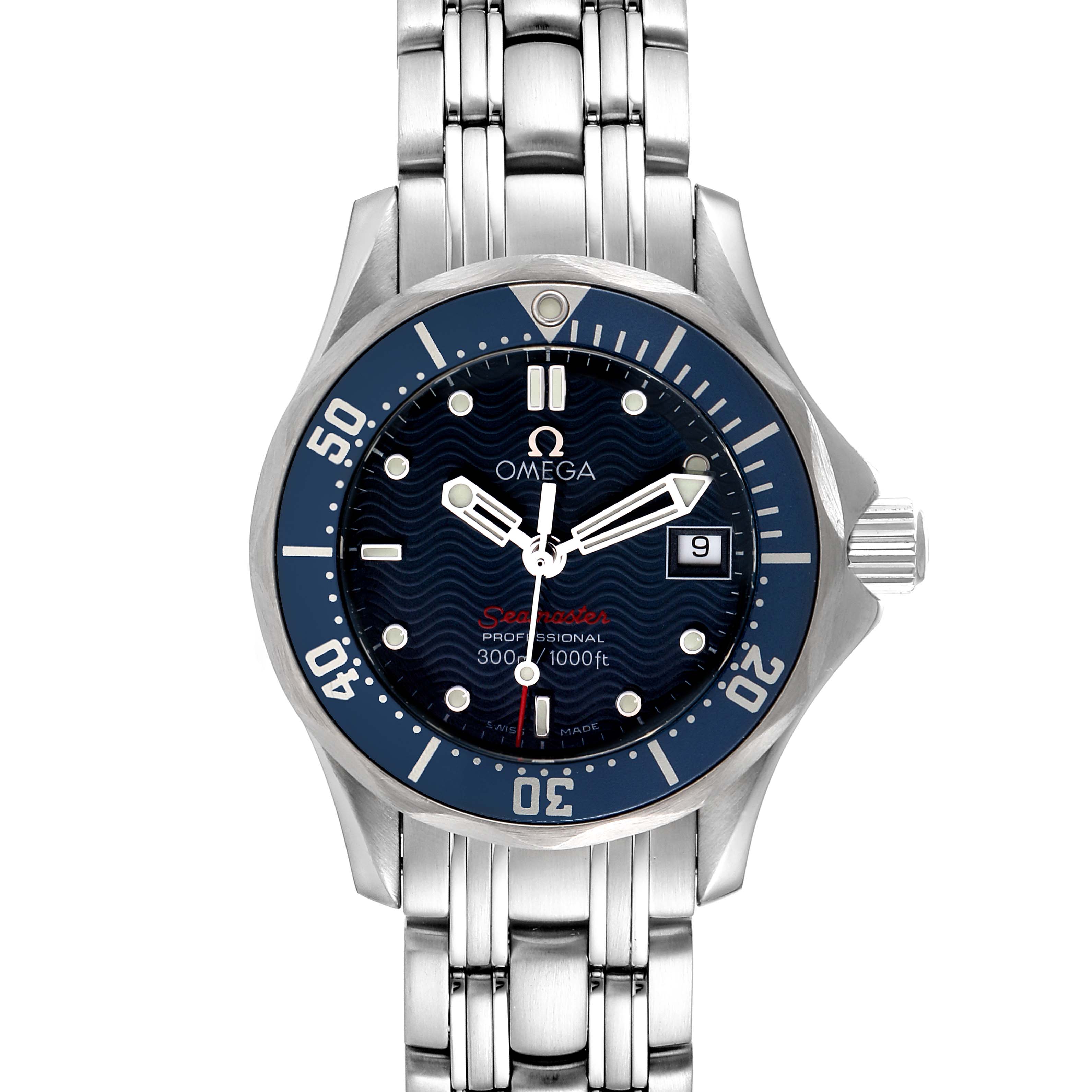 This image shows a front view of the Omega 2224.80.00 Women's Stainless Steel Blue Dial 2224.80.00 Women's Stainless Steel Blue Dial Seamaster Diver 300M 28mm Steel Ladies Watch 2224.80.00, highlighting the dial and bracelet.