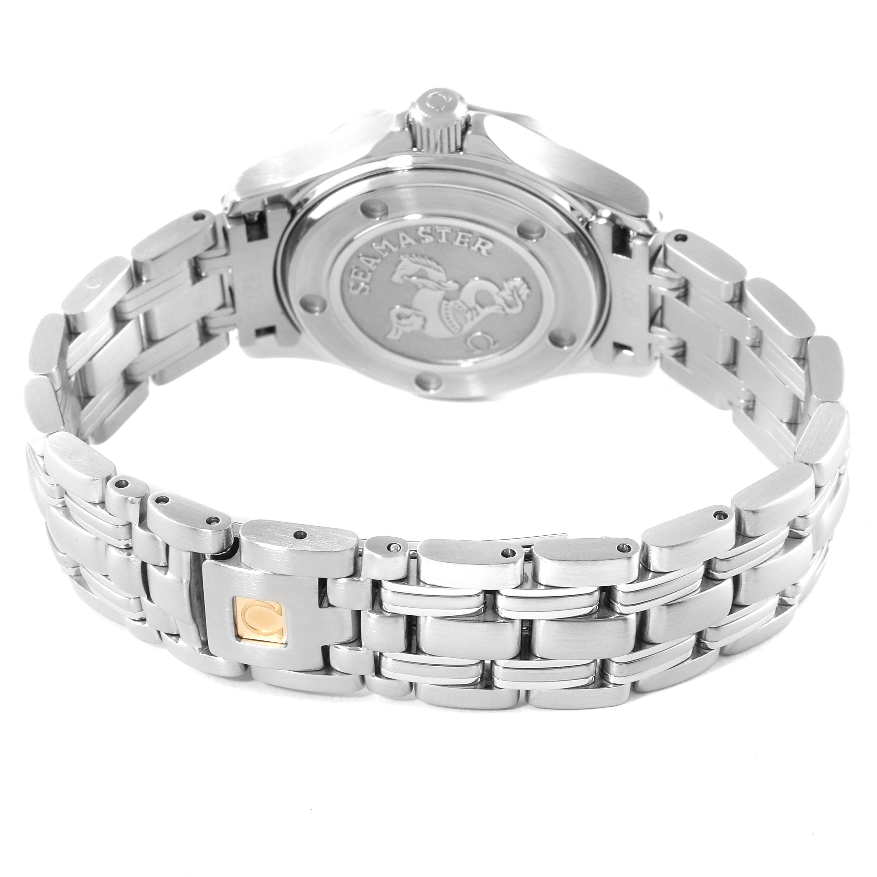 The image shows the backside and part of the bracelet of the Omega 2224.80.00 Women's Stainless Steel Blue Dial 2224.80.00 Women's Stainless Steel Blue Dial Seamaster Diver 300M 28mm Steel Ladies Watch 2224.80.00.