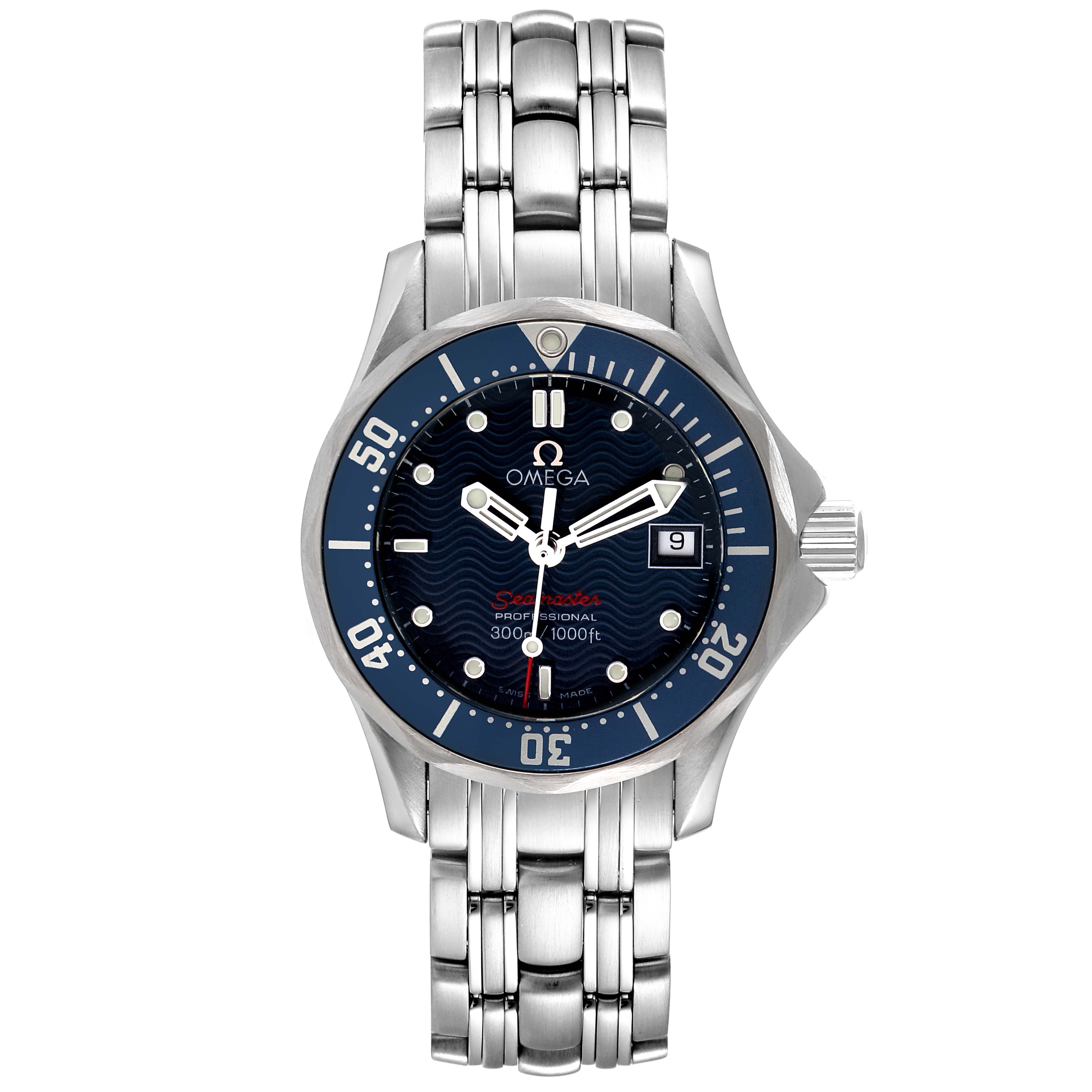 The Omega 2224.80.00 Women's Stainless Steel Blue Dial 2224.80.00 Women's Stainless Steel Blue Dial Seamaster Diver 300M 28mm Steel Ladies Watch 2224.80.00 is shown from a front angle, displaying its bezel, dial, hands, and bracelet.