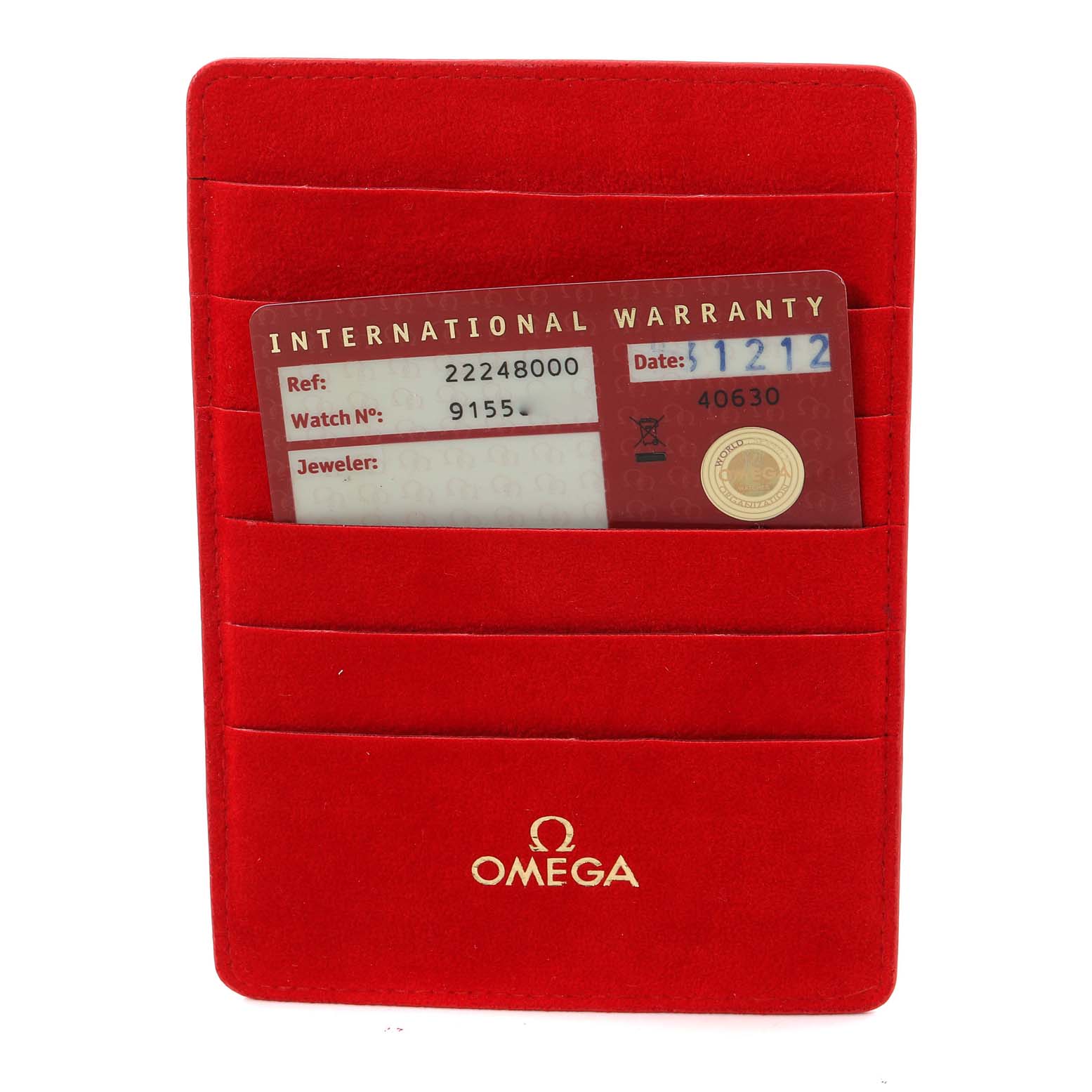 The image displays the warranty card for the Omega 2224.80.00 Women's Stainless Steel Blue Dial 2224.80.00 Women's Stainless Steel Blue Dial Seamaster Diver 300M 28mm Steel Ladies Watch 2224.80.00 in a red cardholder.