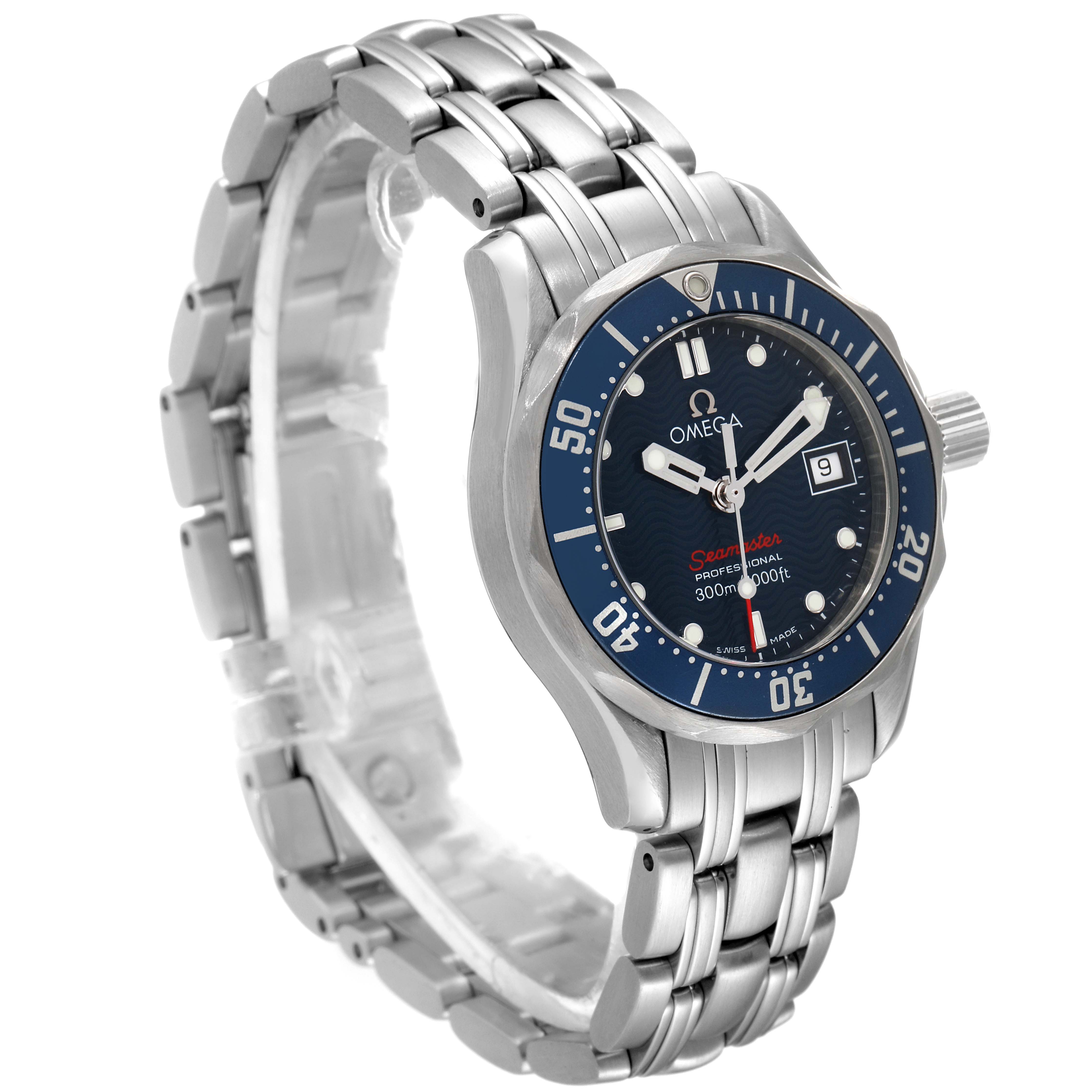 The image shows an angled view of an Omega 2224.80.00 Women's Stainless Steel Blue Dial 2224.80.00 Women's Stainless Steel Blue Dial Seamaster Diver 300M 28mm Steel Ladies Watch 2224.80.00, highlighting its face and bracelet.