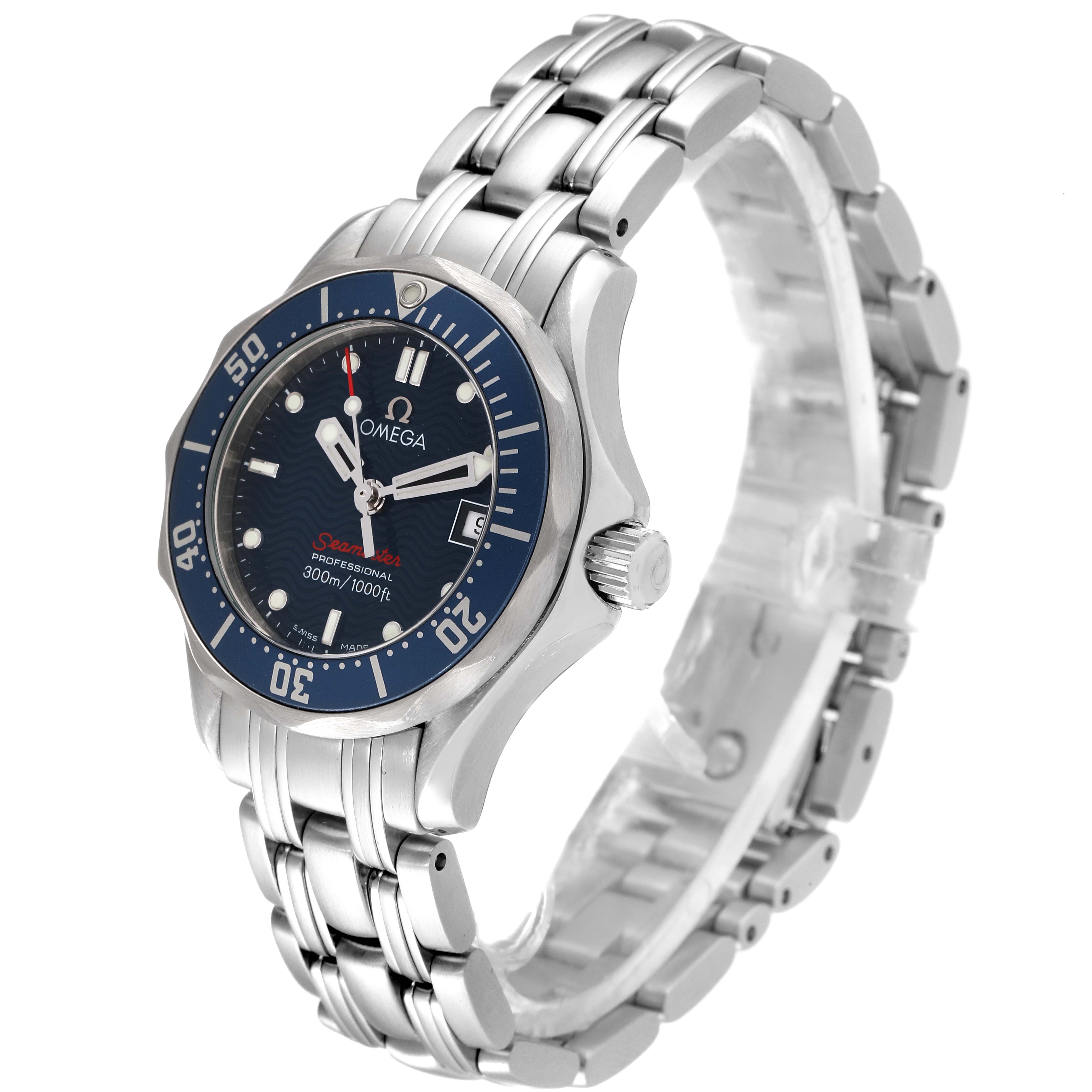 The image shows an Omega 2224.80.00 Women's Stainless Steel Blue Dial 2224.80.00 Women's Stainless Steel Blue Dial Seamaster Diver 300M 28mm Steel Ladies Watch 2224.80.00 at a three-quarter angle, highlighting the dial, bezel, and bracelet.