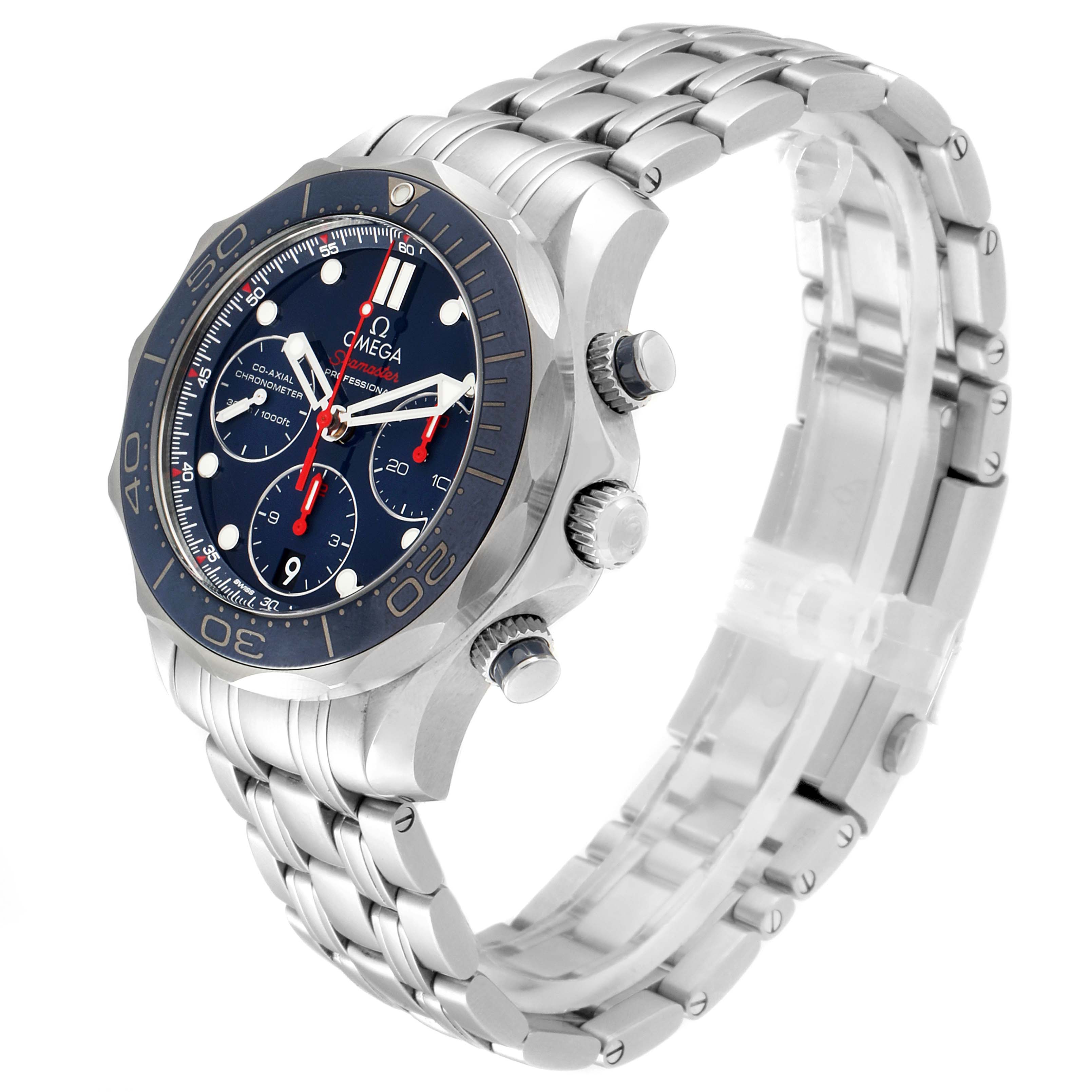 The image shows an Omega Seamaster 212.30.42.50.03.001 Men
s Stainless Steel Blue Dial 212.30.42.50.03.001 Men
s Stainless Steel Blue Dial watch at a slight angle showcasing the face, bezel, chronograph buttons, and stainless steel bracelet.