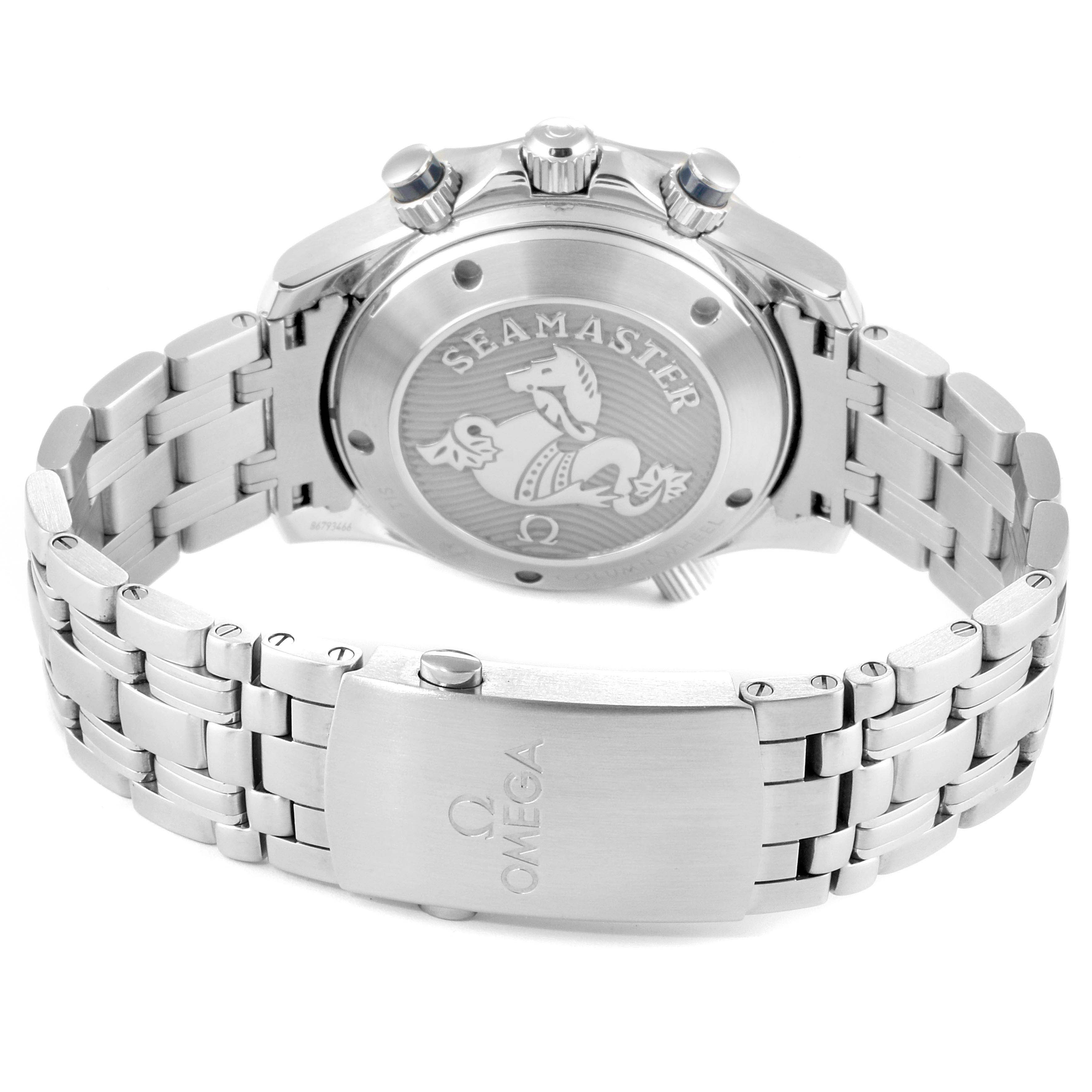 The image shows the back view of the Omega Seamaster 212.30.42.50.03.001 Men
s Stainless Steel Blue Dial 212.30.42.50.03.001 Men
s Stainless Steel Blue Dial watch, highlighting its stainless steel bracelet and engraved case back.