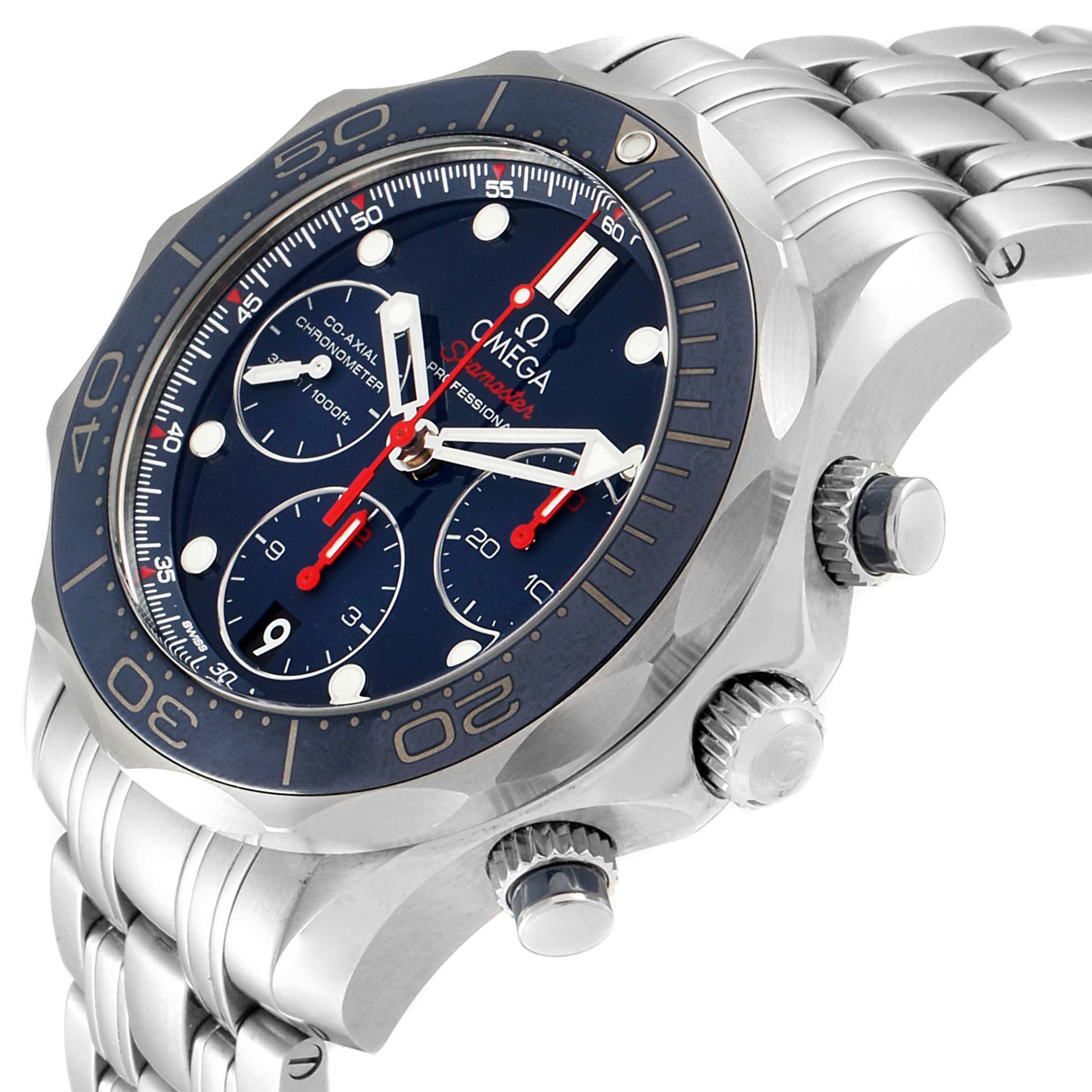 The image shows an Omega Seamaster 212.30.42.50.03.001 Men
s Stainless Steel Blue Dial 212.30.42.50.03.001 Men
s Stainless Steel Blue Dial watch from a front-side angle, highlighting its dial, bezel, crown, and part of the bracelet.