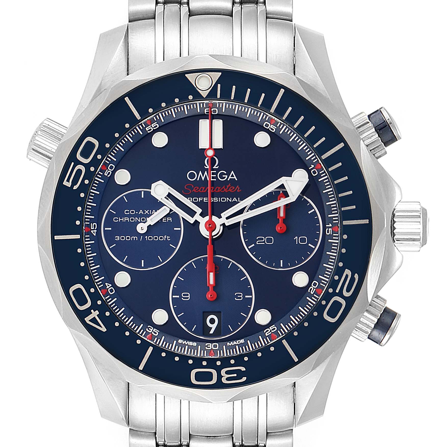 The Omega Seamaster 212.30.42.50.03.001 Men
s Stainless Steel Blue Dial 212.30.42.50.03.001 Men
s Stainless Steel Blue Dial watch is shown from a front angle, displaying its blue dial, three subdials, and a stainless steel bracelet.