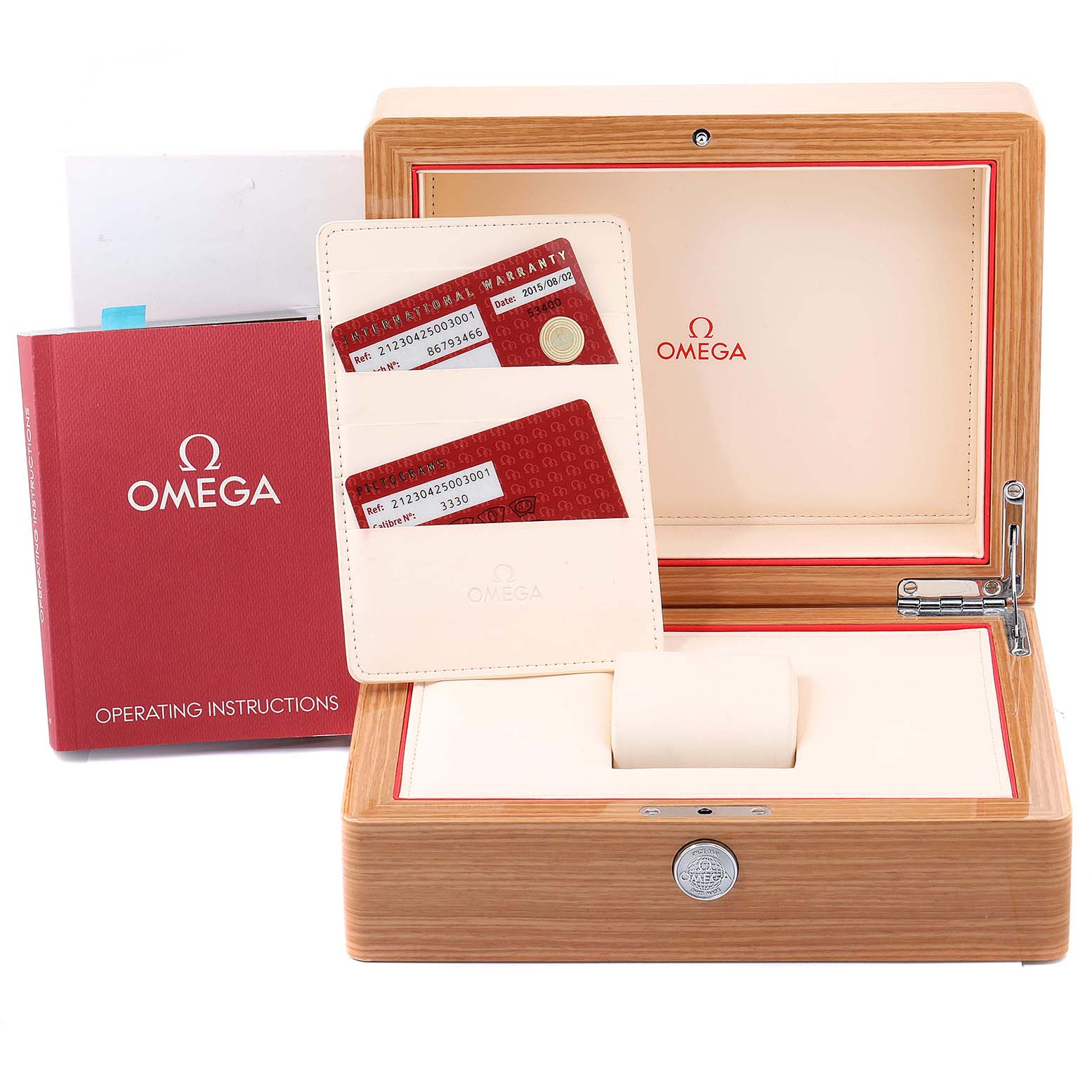 The image shows an Omega Seamaster 212.30.42.50.03.001 Men
s Stainless Steel Blue Dial 212.30.42.50.03.001 Men
s Stainless Steel Blue Dial watch box, warranty cards, and an operating instruction manual.
