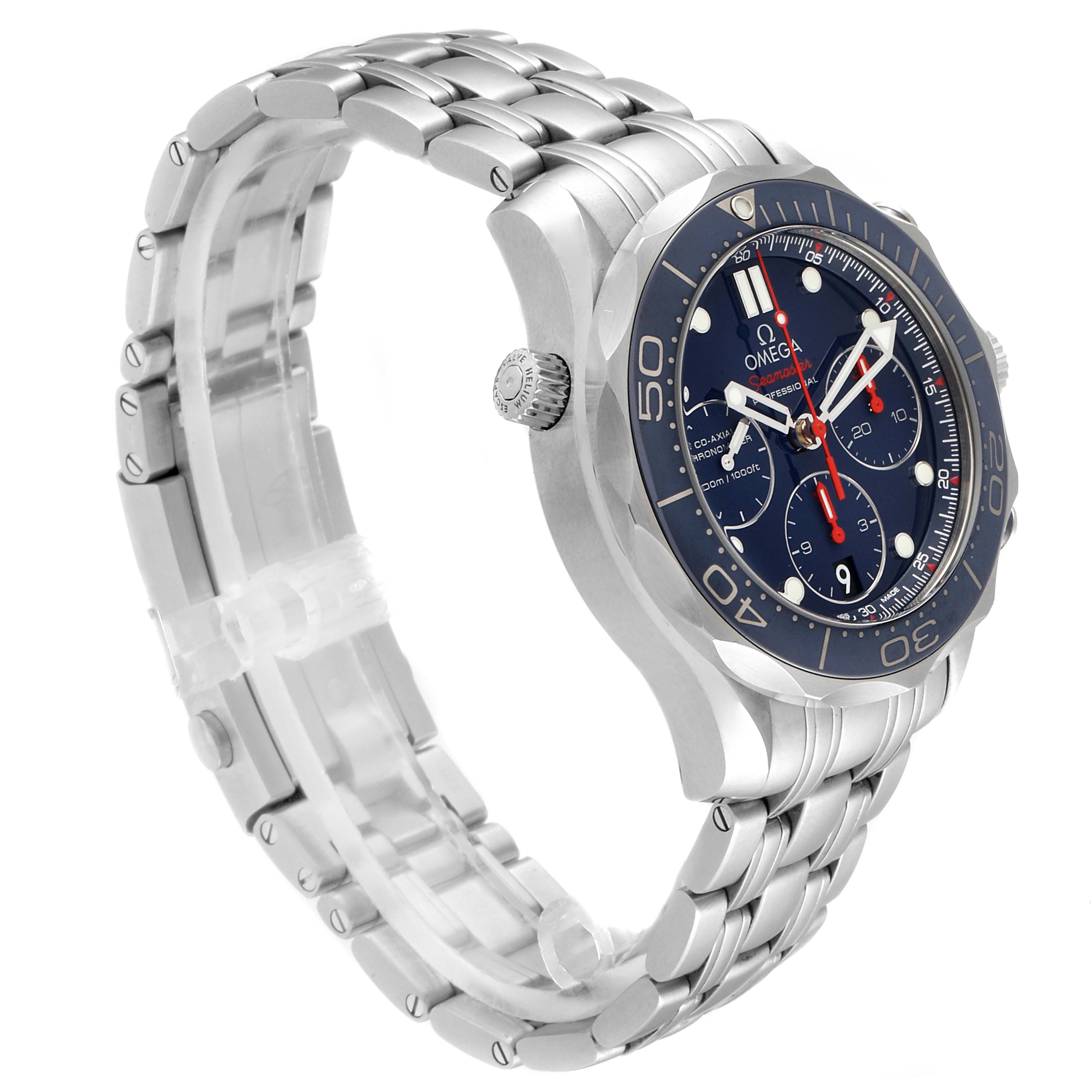 This is a side-angle view of the Omega Seamaster 212.30.42.50.03.001 Men
s Stainless Steel Blue Dial 212.30.42.50.03.001 Men
s Stainless Steel Blue Dial watch, showcasing its metal band, case, crown, and bezel.