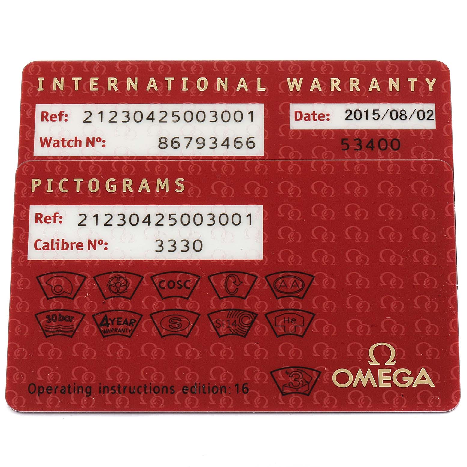 This image shows the International Warranty and Pictograms cards for the Omega Seamaster 212.30.42.50.03.001 Men
s Stainless Steel Blue Dial 212.30.42.50.03.001 Men
s Stainless Steel Blue Dial watch model.
