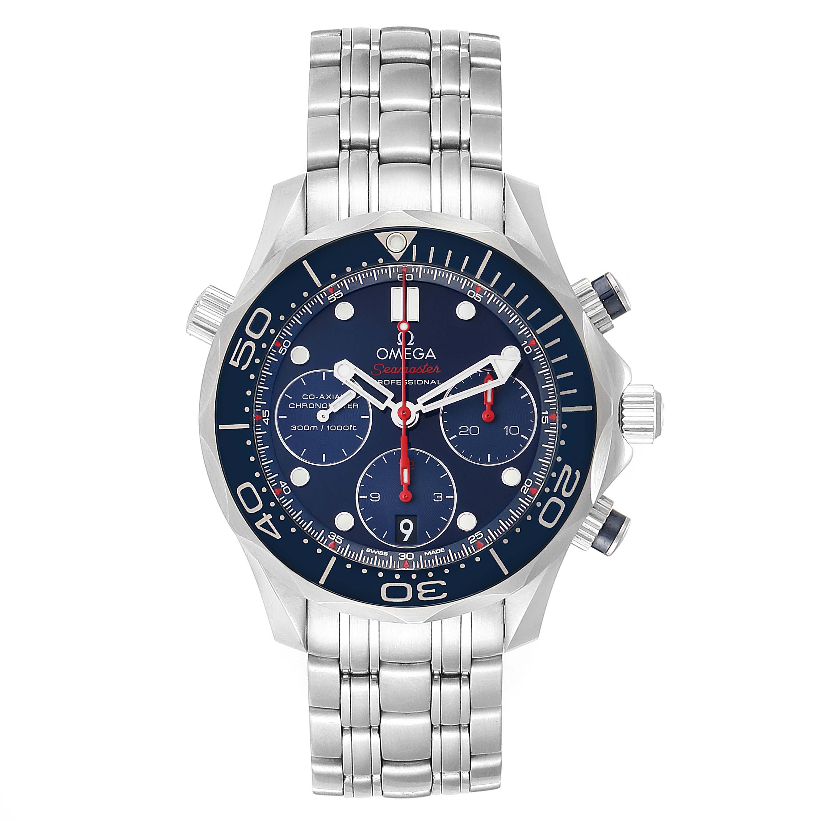 The image shows a front view of the Omega Seamaster 212.30.42.50.03.001 Men
s Stainless Steel Blue Dial 212.30.42.50.03.001 Men
s Stainless Steel Blue Dial watch, highlighting its dial, bezel, subdials, and bracelet.