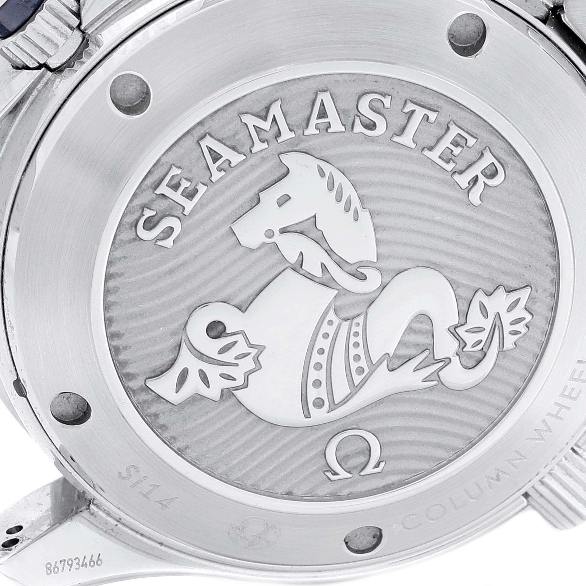 This image shows the engraved case back of the Omega Seamaster 212.30.42.50.03.001 Men
s Stainless Steel Blue Dial 212.30.42.50.03.001 Men
s Stainless Steel Blue Dial watch with its distinctive logo and branding.