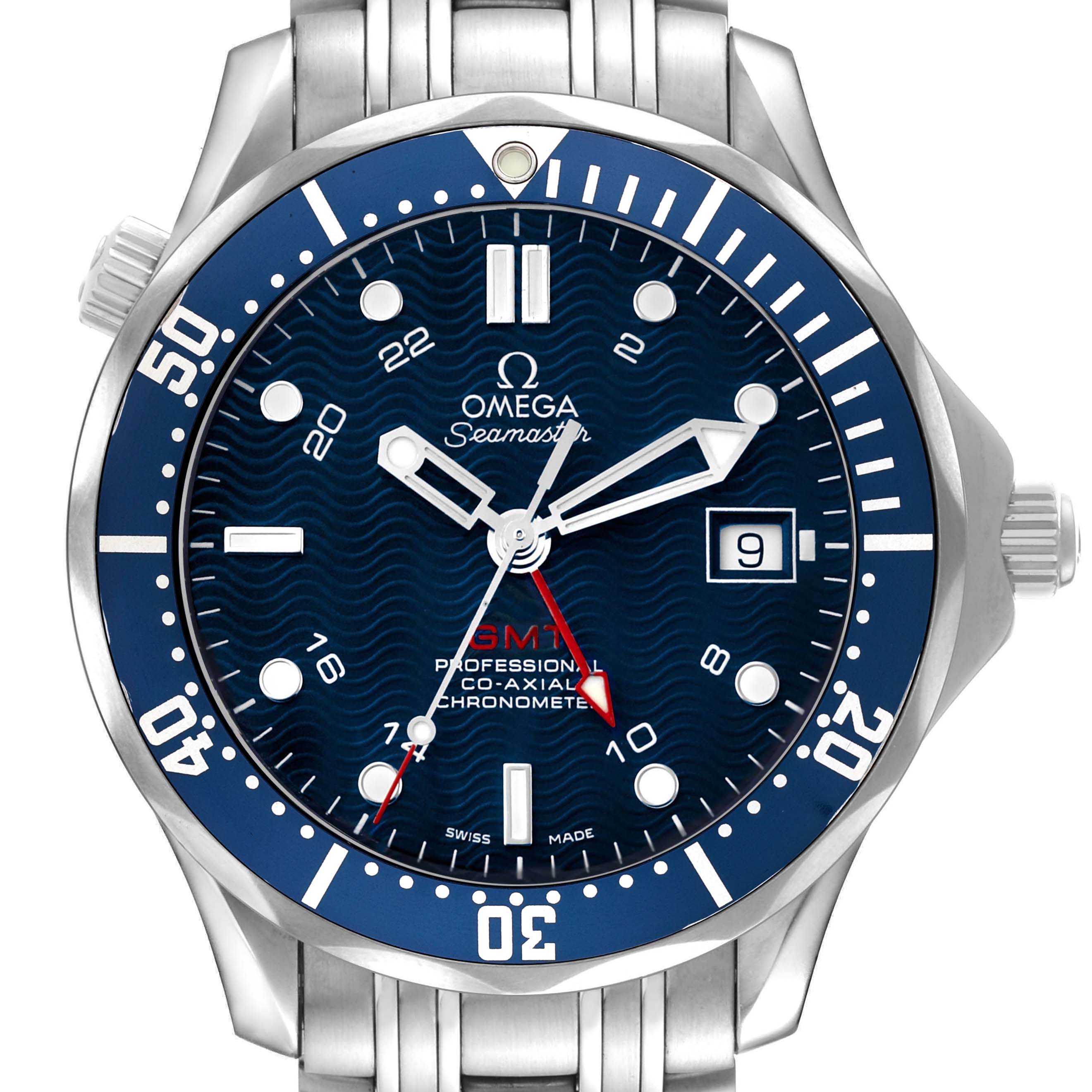 The Omega Seamaster 2535.80.00 Men's Stainless Steel Blue Dial watch is shown from a front view, highlighting its bezel, dial, hands, and date window.