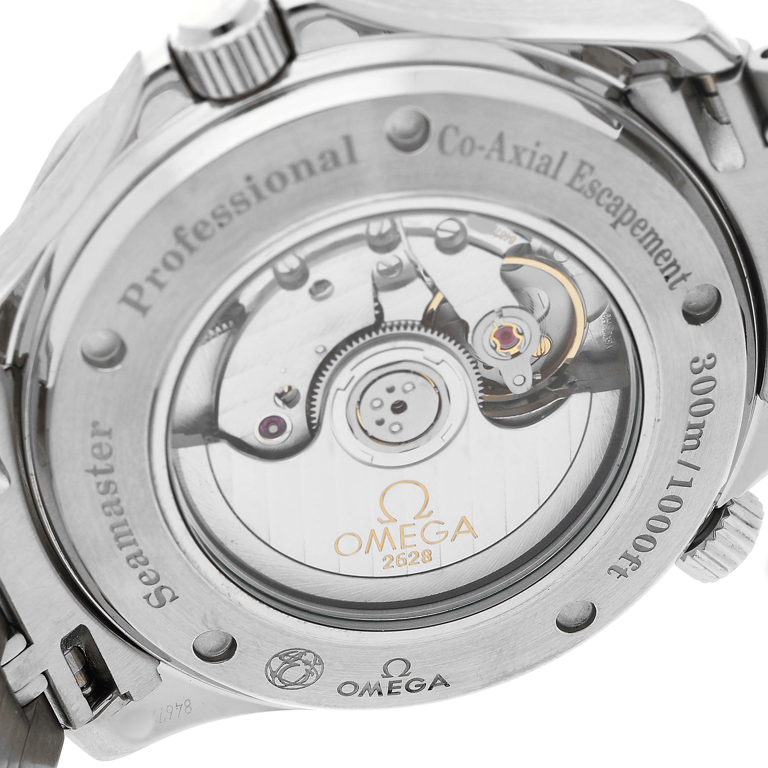 The image shows the back of the Omega Seamaster 2535.80.00 Men's Stainless Steel Blue Dial, highlighting its transparent case back and Co-Axial escapement.