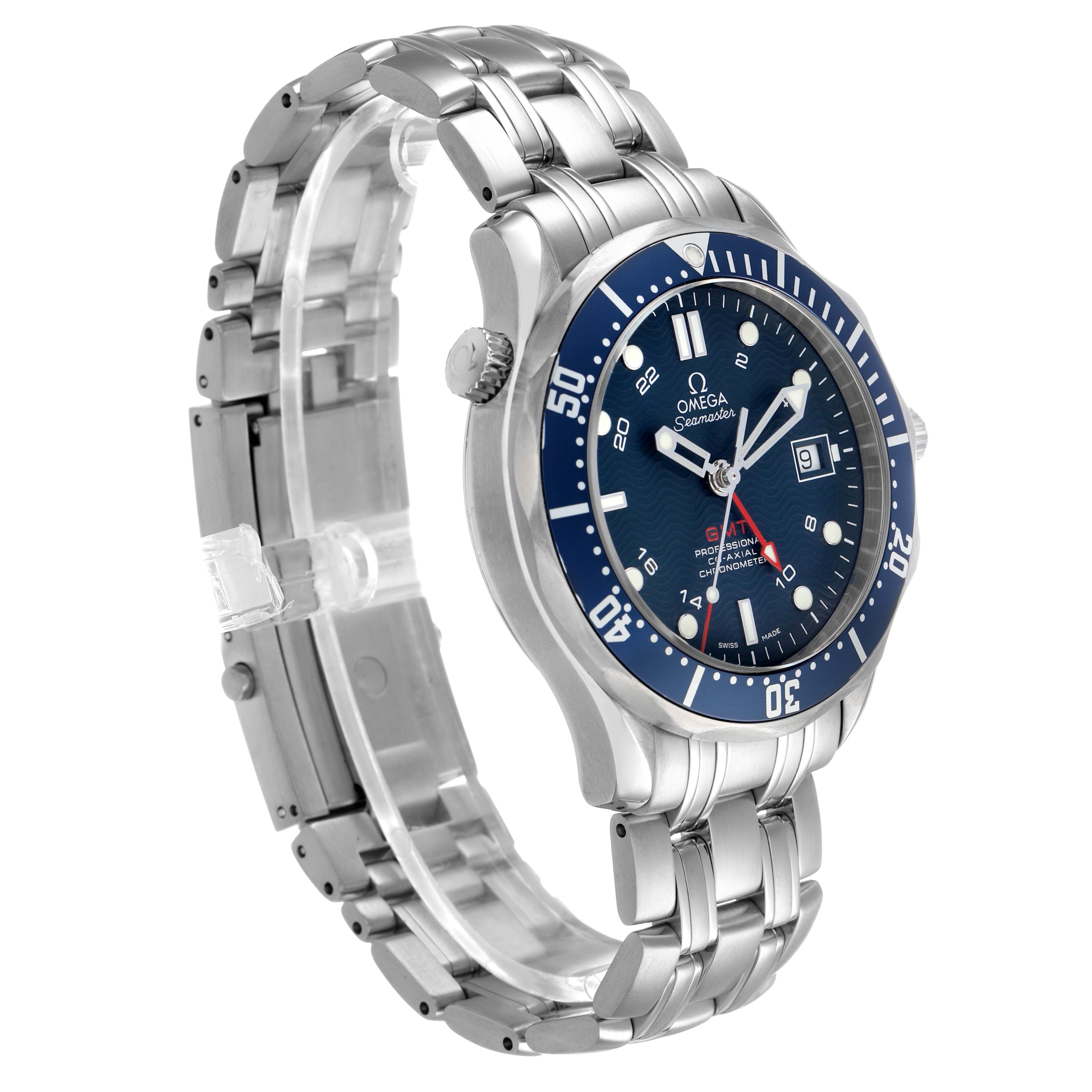 The Omega Seamaster 2535.80.00 Men's Stainless Steel Blue Dial watch is shown at a three-quarter angle, highlighting the face, bezel, crown, and stainless steel bracelet.