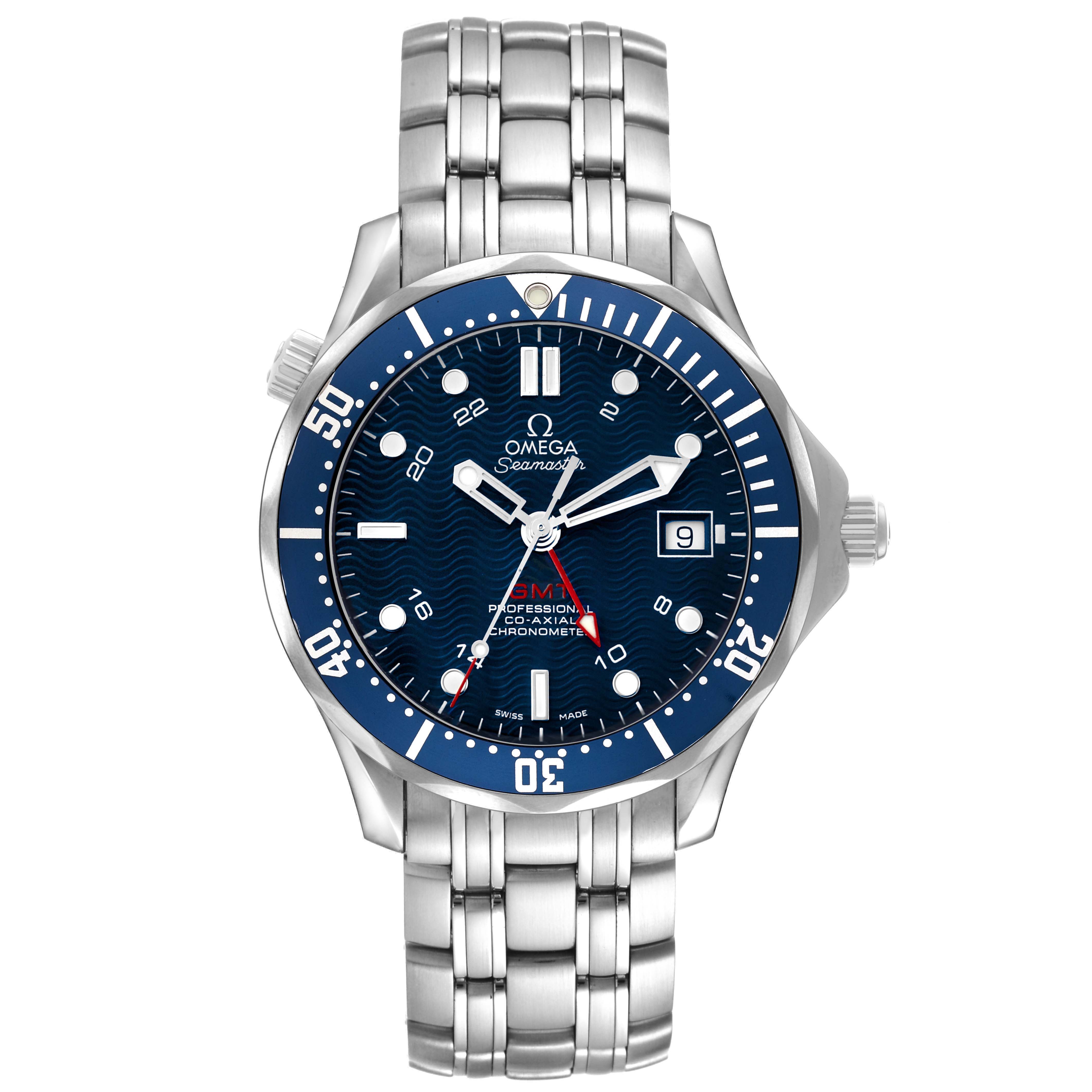 The Omega Seamaster 2535.80.00 Men's Stainless Steel Blue Dial watch is shown from a front angle, highlighting the face, bezel, bracelet, and crown.