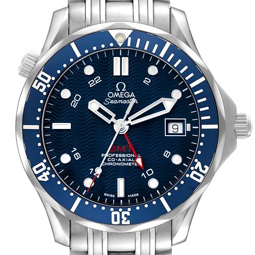 The image shows a front view of an Omega Seamaster 2535.80.00 Men's Stainless Steel Blue Dial watch, highlighting its bezel, dial, hands, and bracelet.