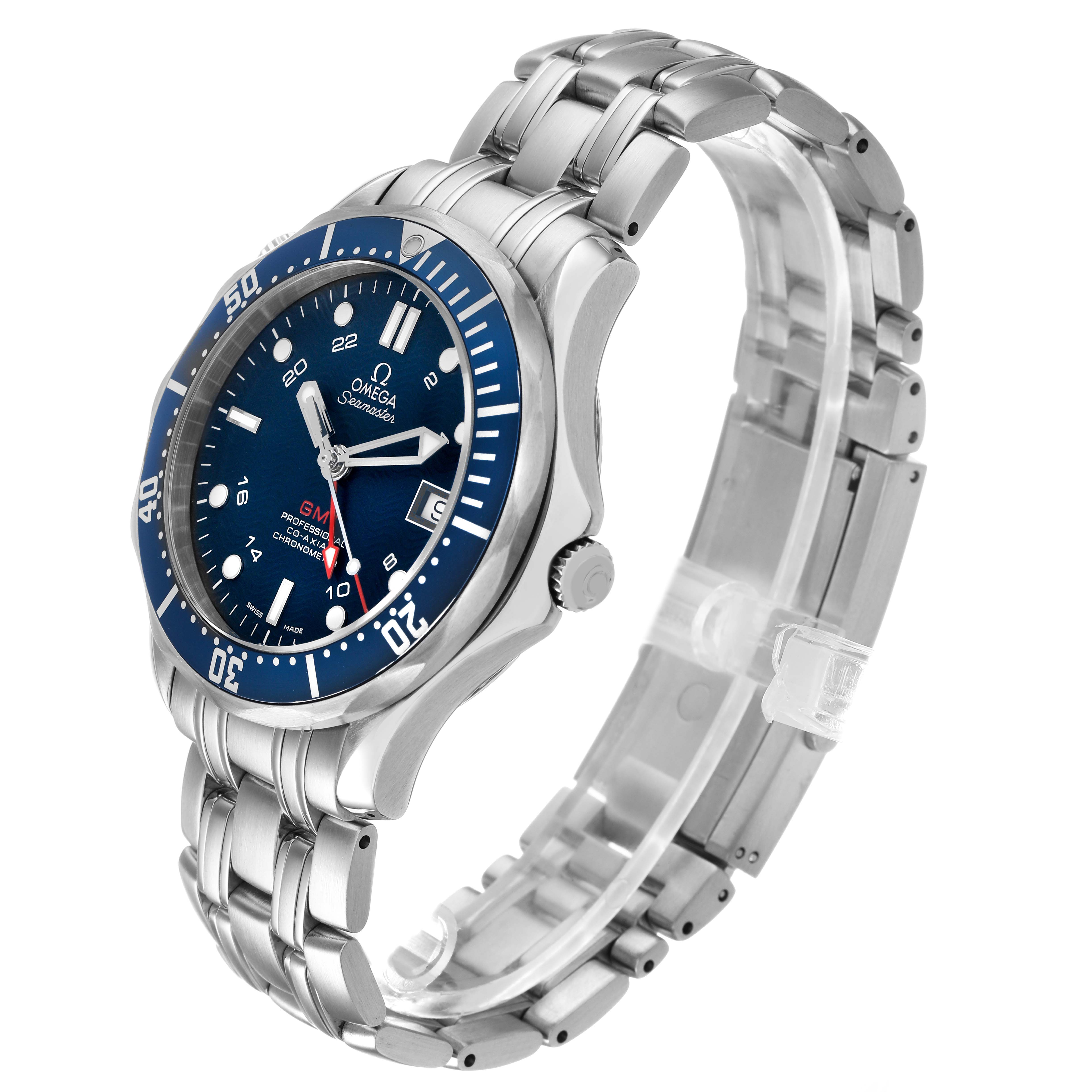 The Omega Seamaster 2535.80.00 Men's Stainless Steel Blue Dial watch is shown at a three-quarter angle, displaying its blue dial, bezel, and metal bracelet.