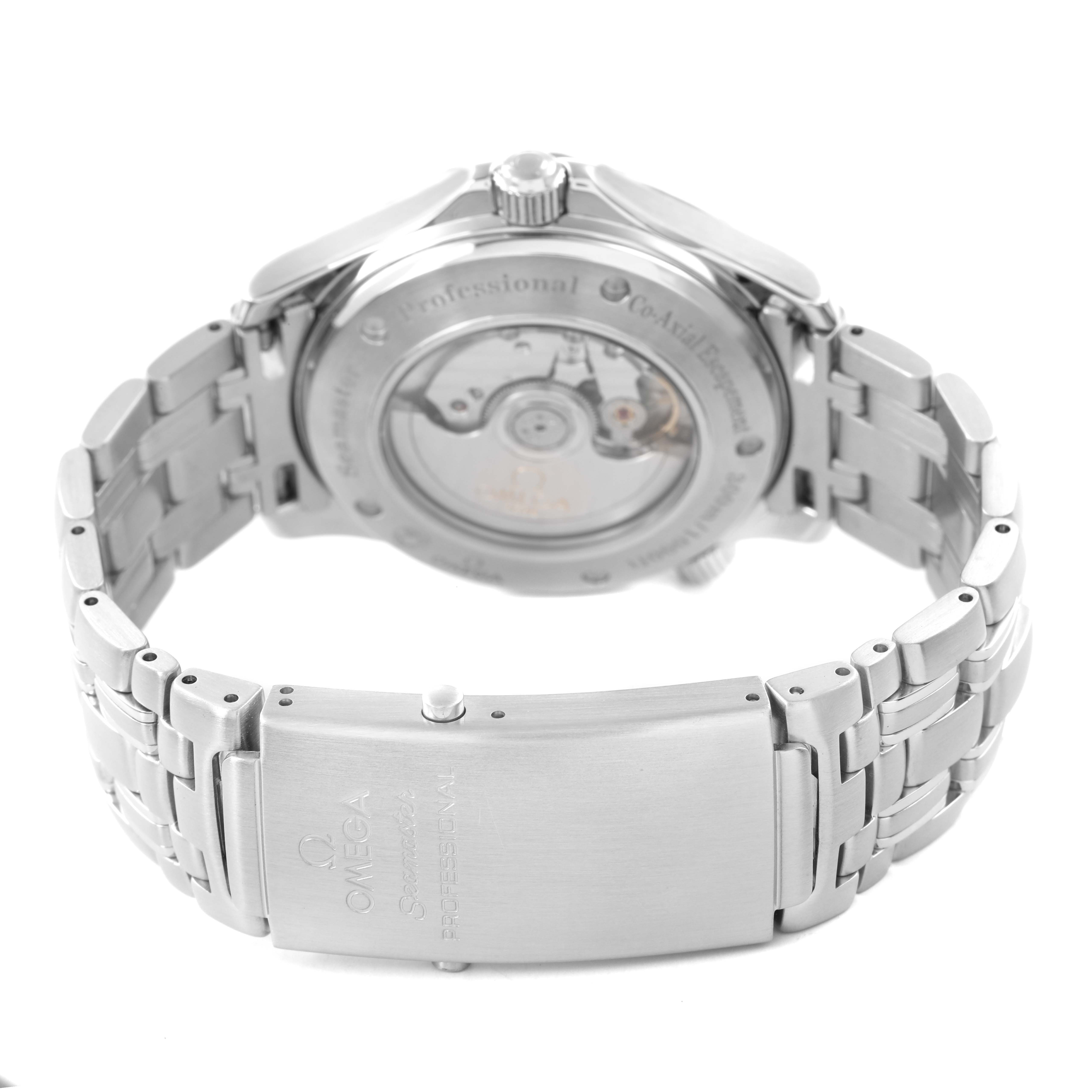 The Omega Seamaster 2535.80.00 Men's Stainless Steel Blue Dial watch is shown from the back, featuring its case back and metal bracelet with the clasp visible.