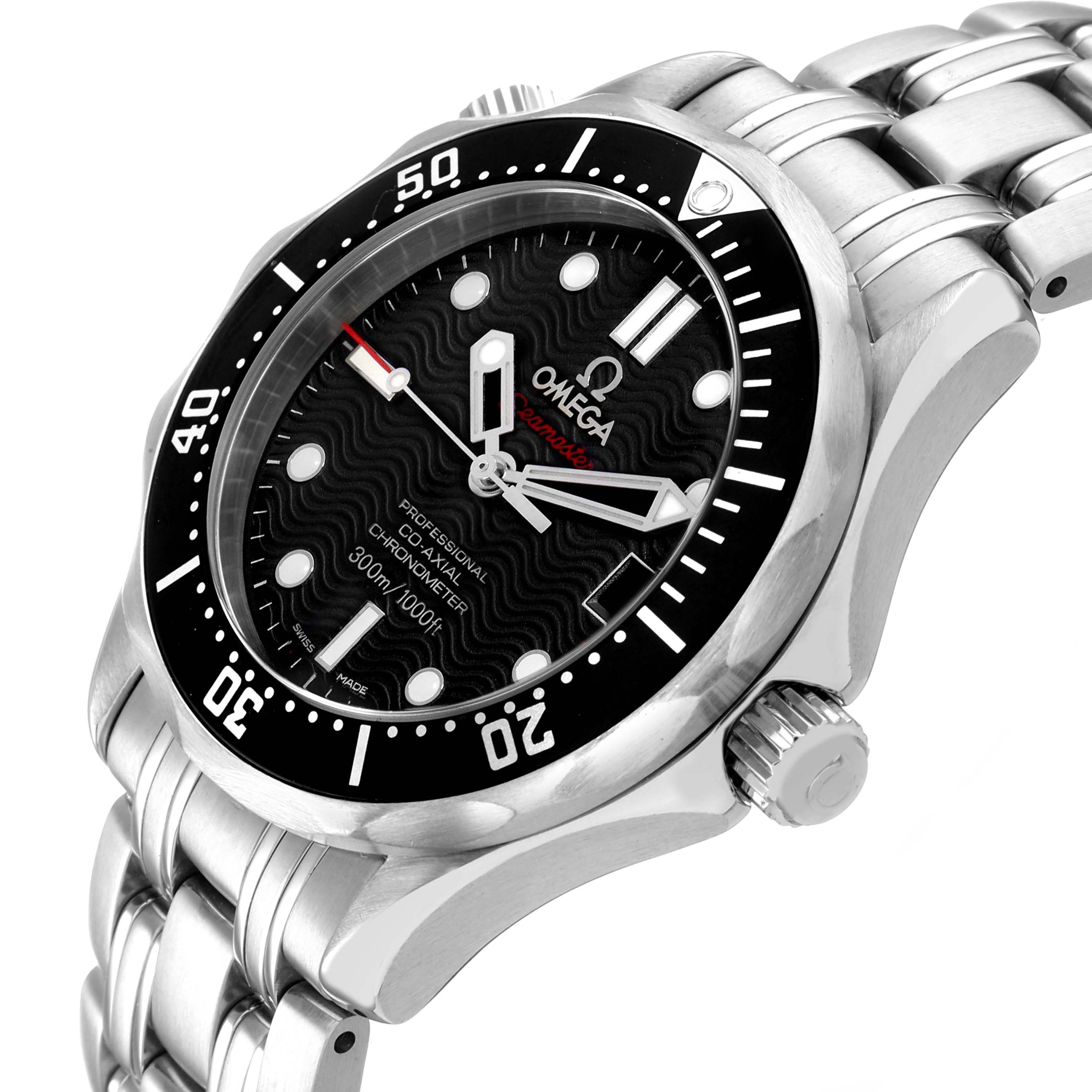The image shows a side angle of the Omega Seamaster 212.30.36.20.01.001 Men's Stainless Steel Black Dial watch, highlighting its black dial, rotating bezel, and stainless steel bracelet.