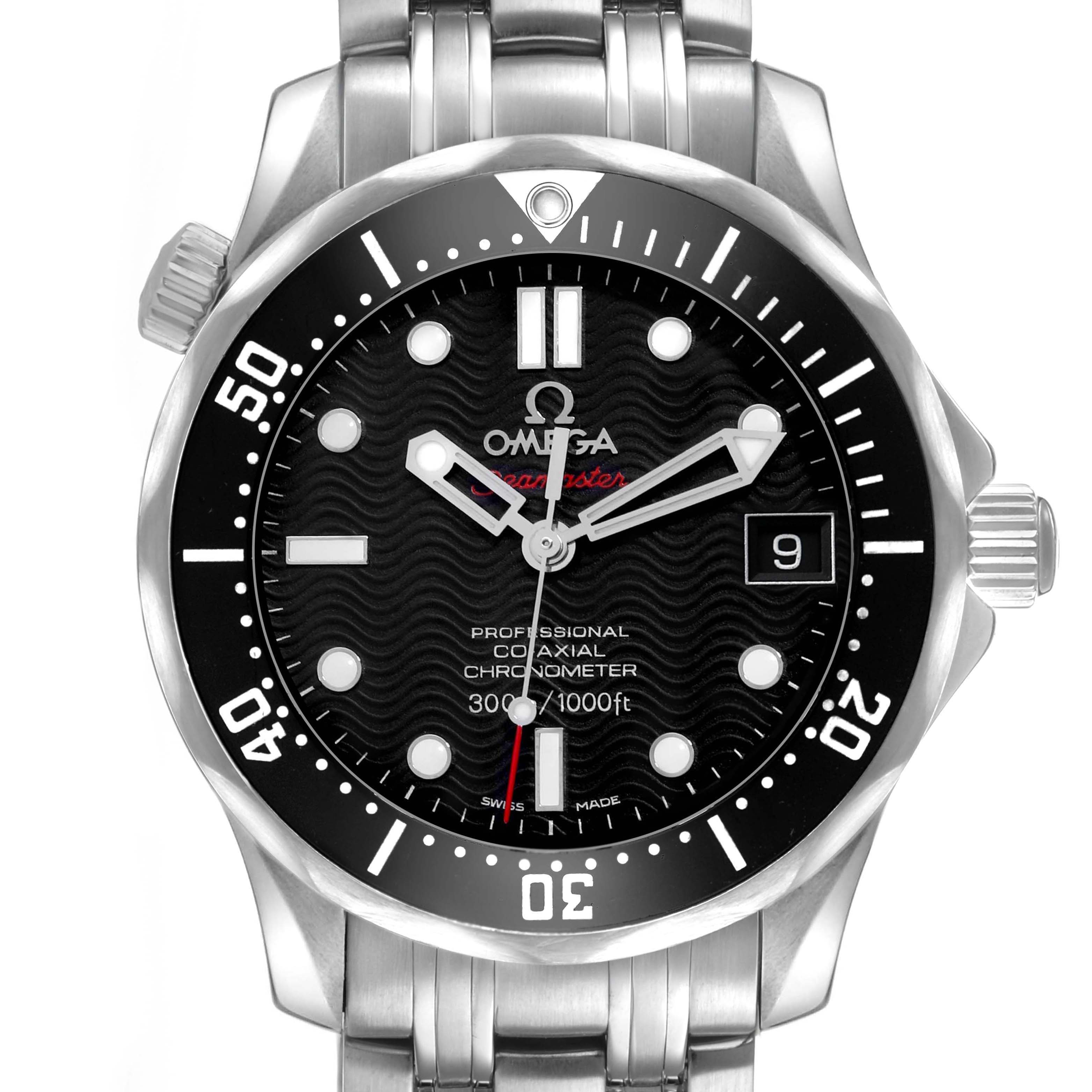 The image shows a frontal view of the Omega Seamaster 212.30.36.20.01.001 Men's Stainless Steel Black Dial watch, highlighting the dial, bezel, and stainless steel bracelet.