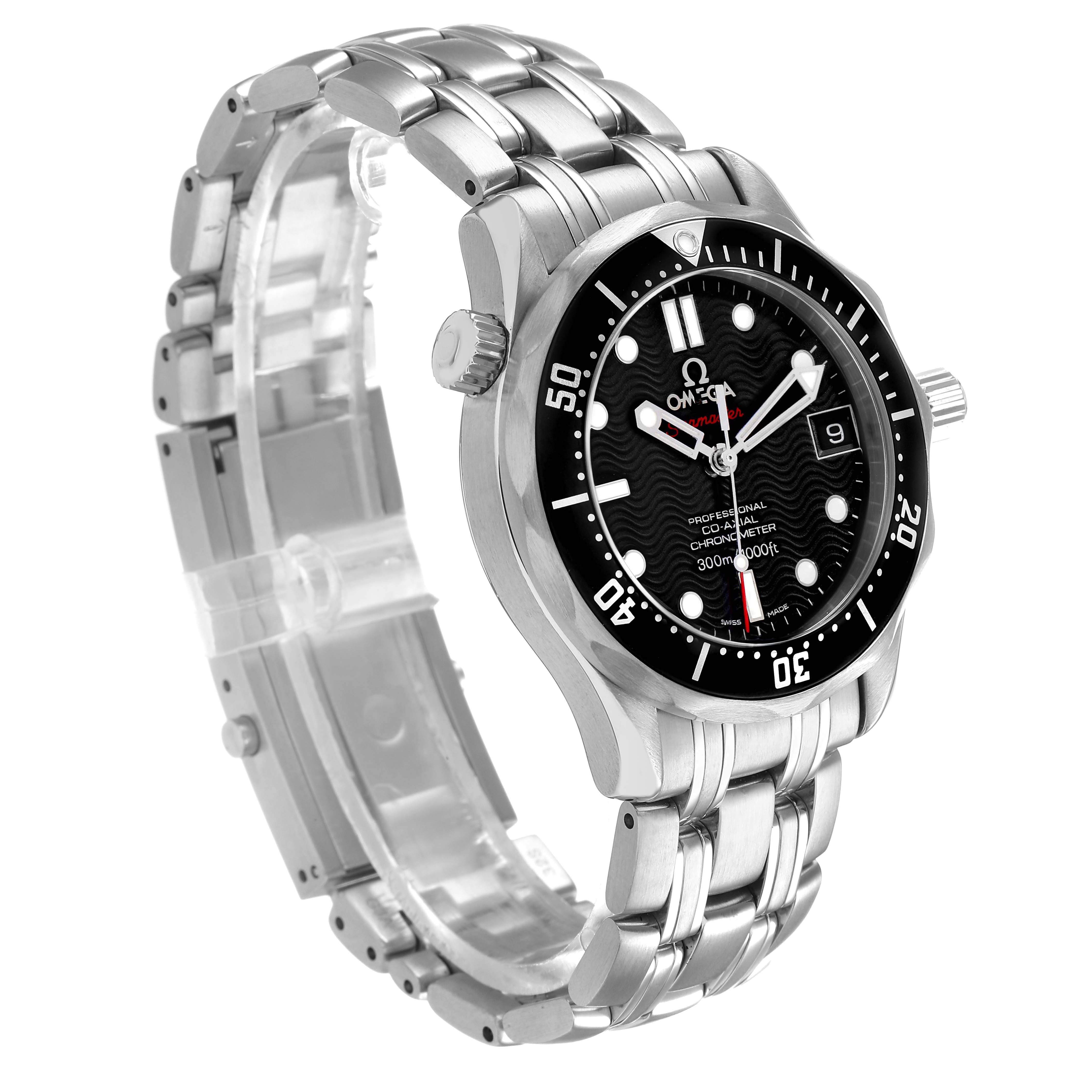 The Omega Seamaster 212.30.36.20.01.001 Men's Stainless Steel Black Dial watch is shown at a three-quarter angle, displaying its bezel, dial, hands, and full bracelet.
